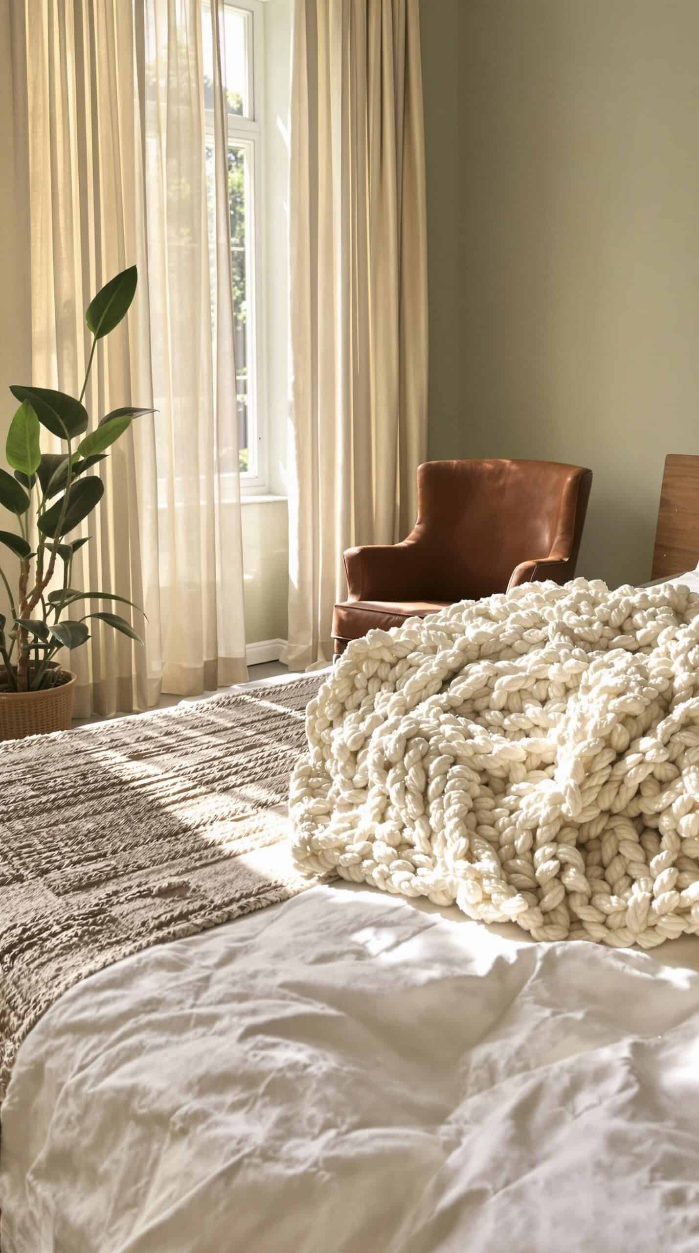 a bed with a blanket and chair in a room