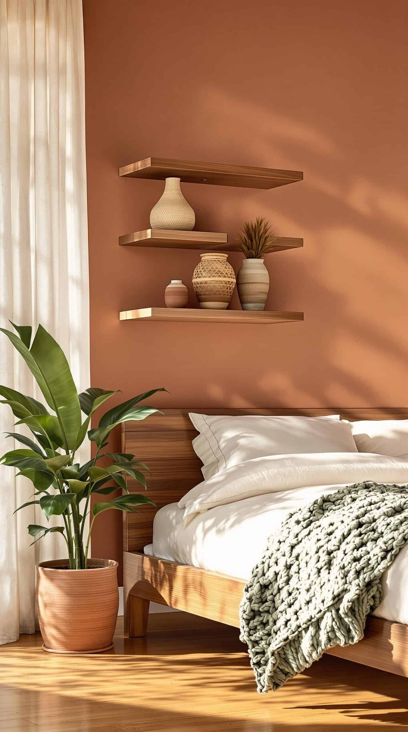 a bedroom with a bed and a plant in the corner
