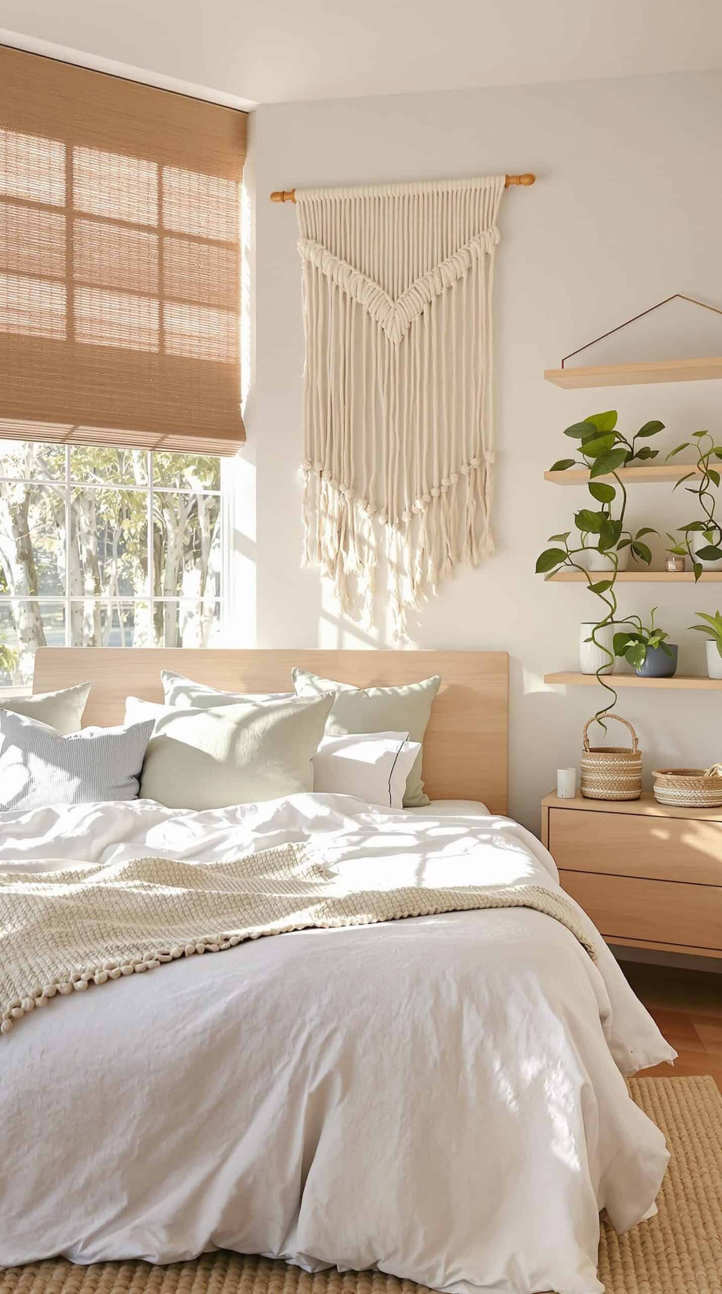 a bedroom with a bed and a hanging plant
