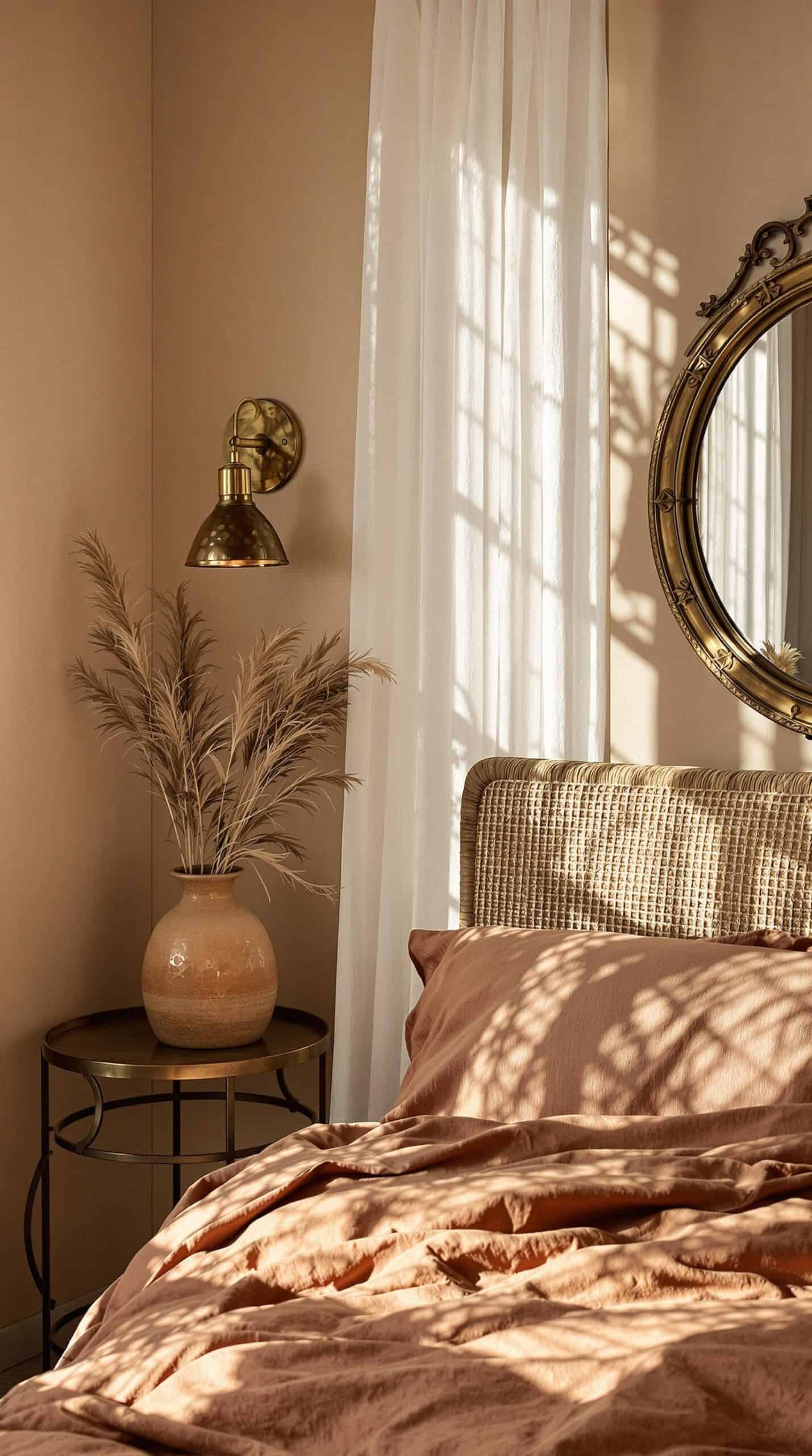 a bedroom with a bed and a mirror on the wall