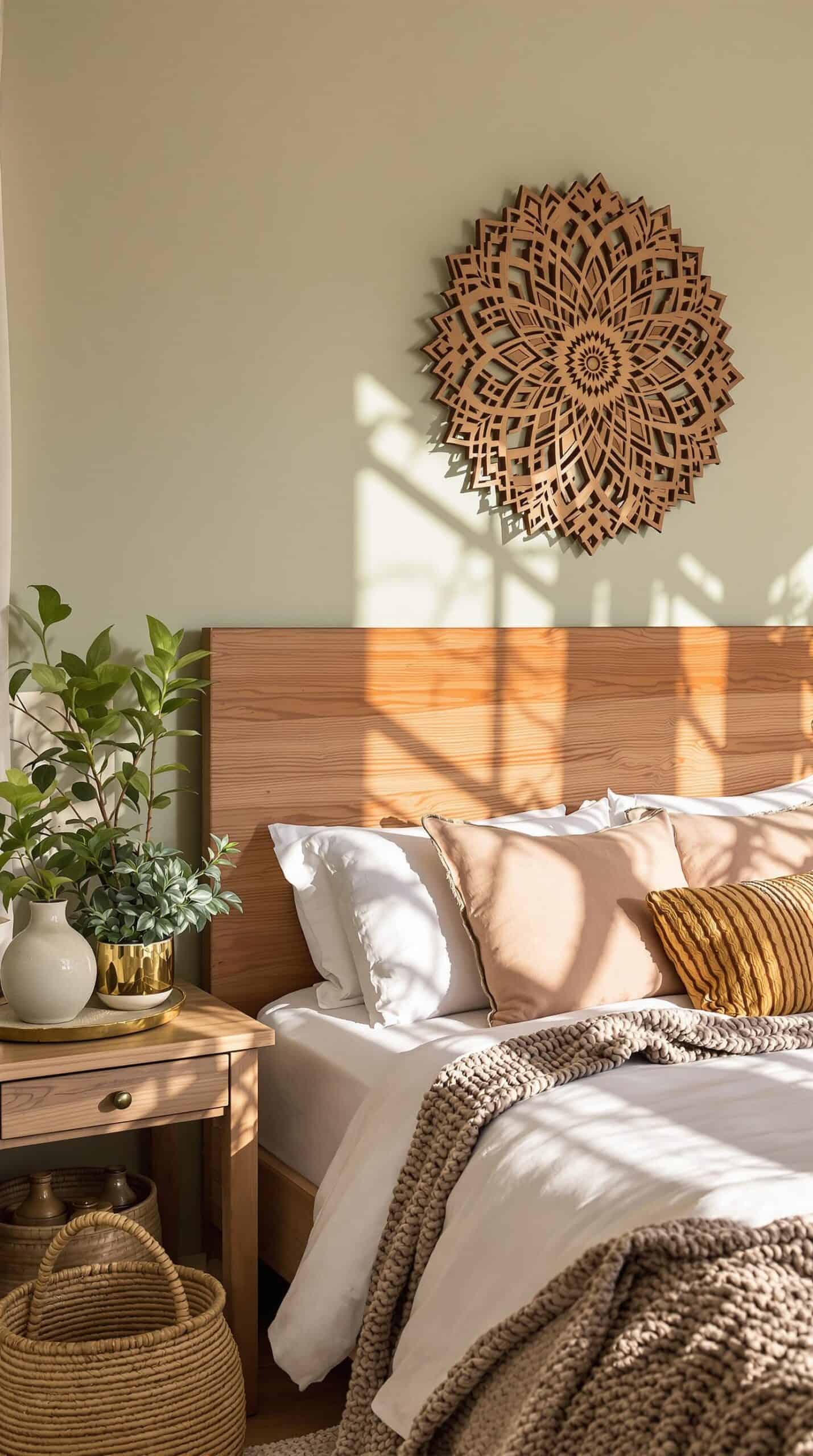 a bed with a wooden headboard and pillows