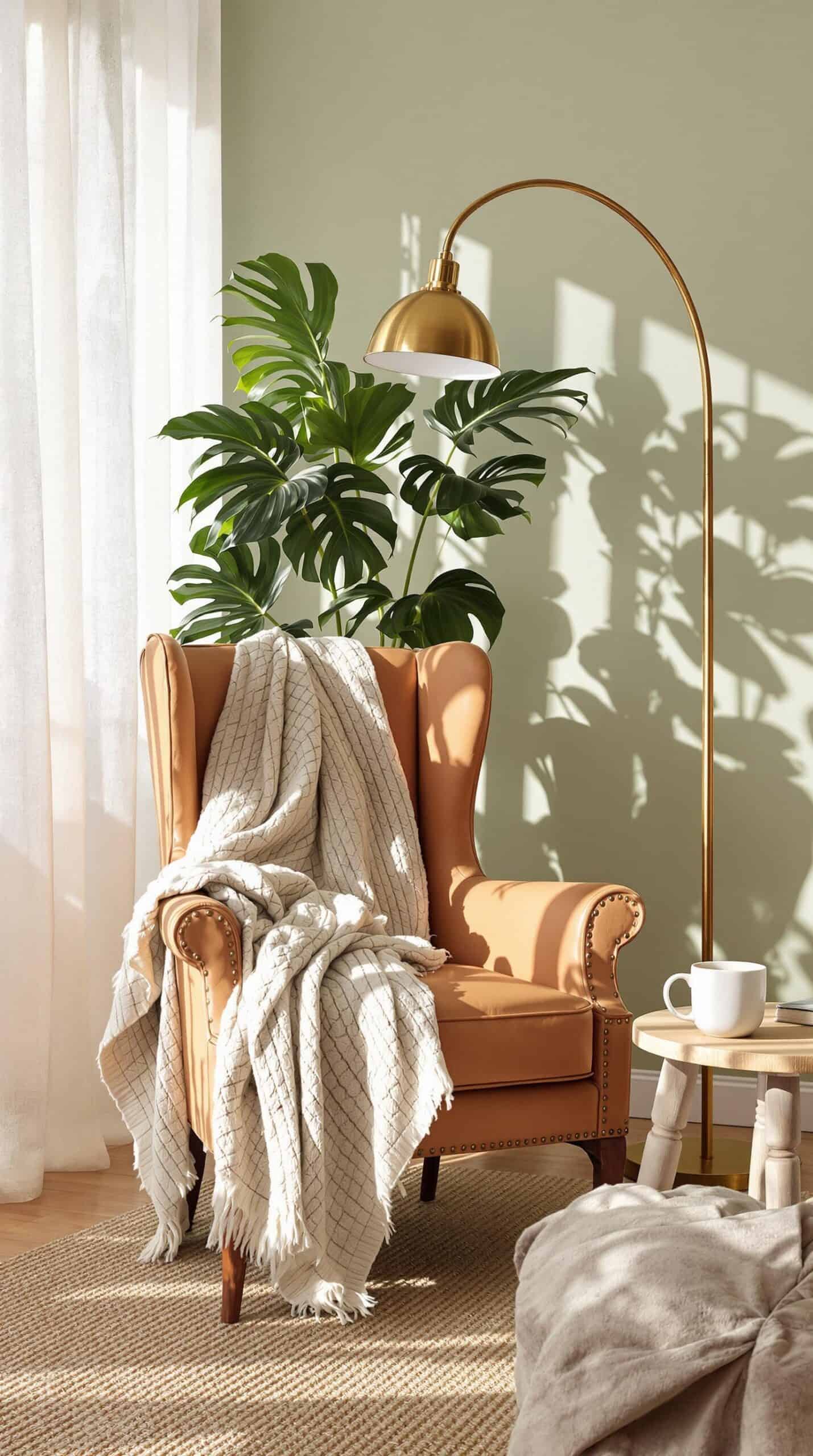 a living room with a chair and a plant