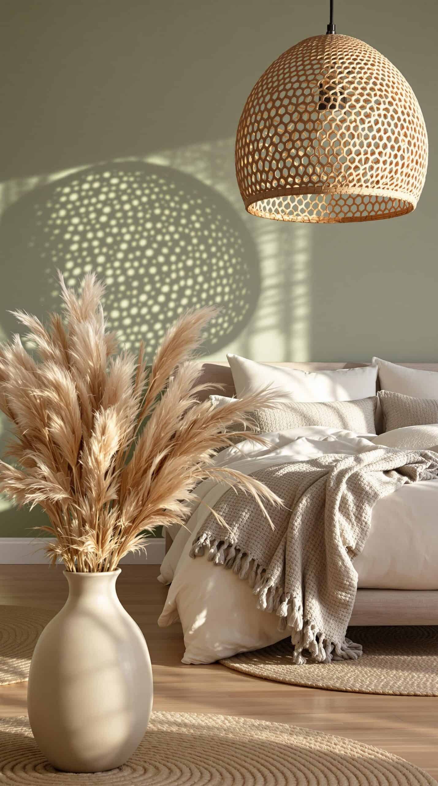 a bedroom with a bed and a plant in a vase