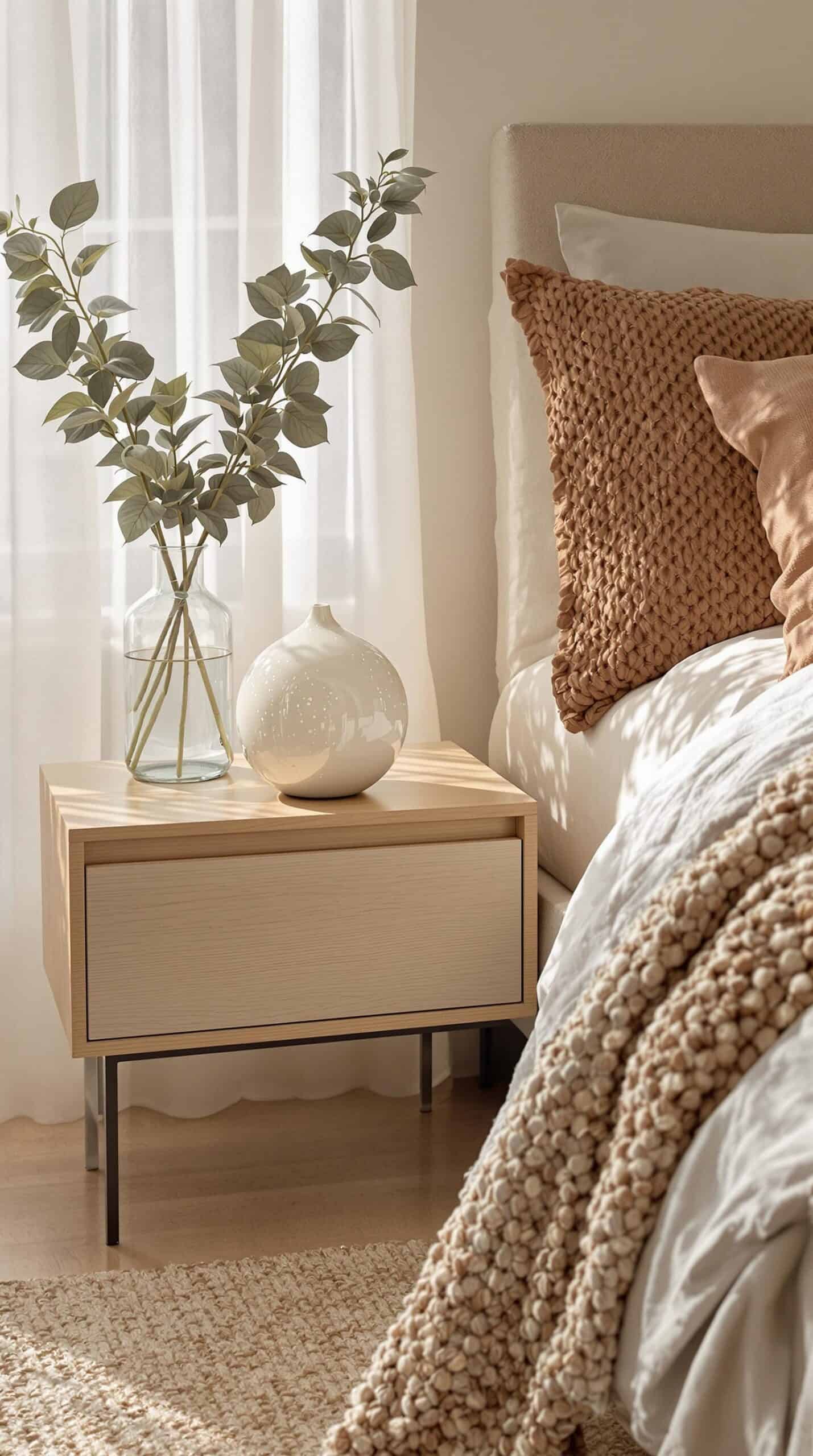 a bedroom with a bed and a nightstand with a vase of flowers on it