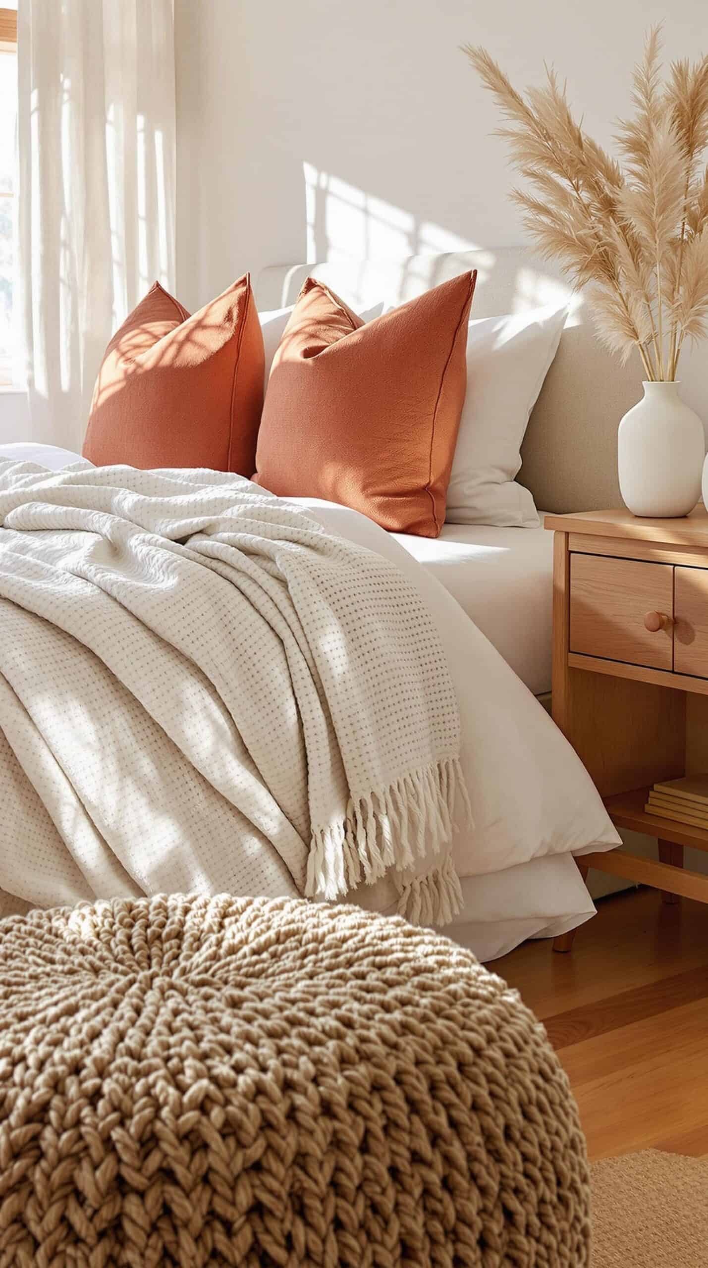 a bedroom with a large bed and a round ottoman
