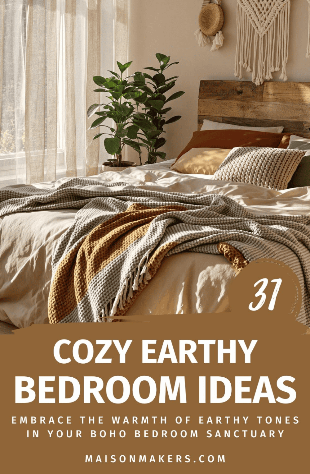 a bed room with a neatly made bed and a plant