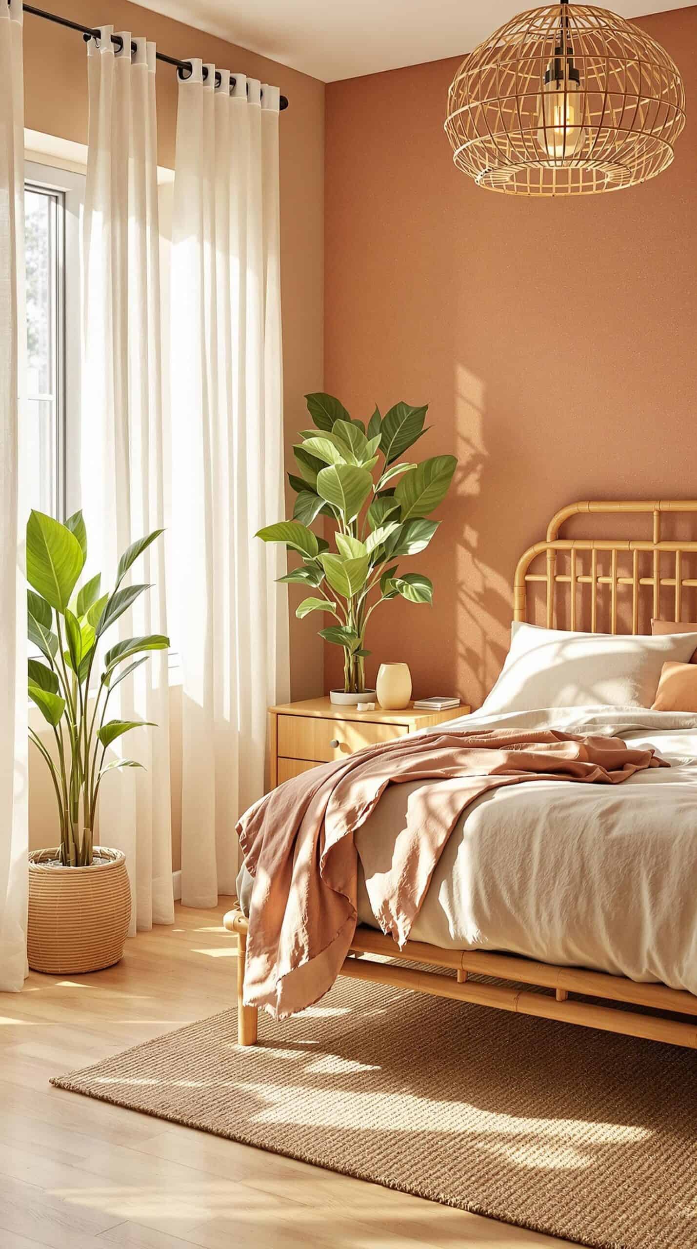 a bed room with a bed a plant and a window