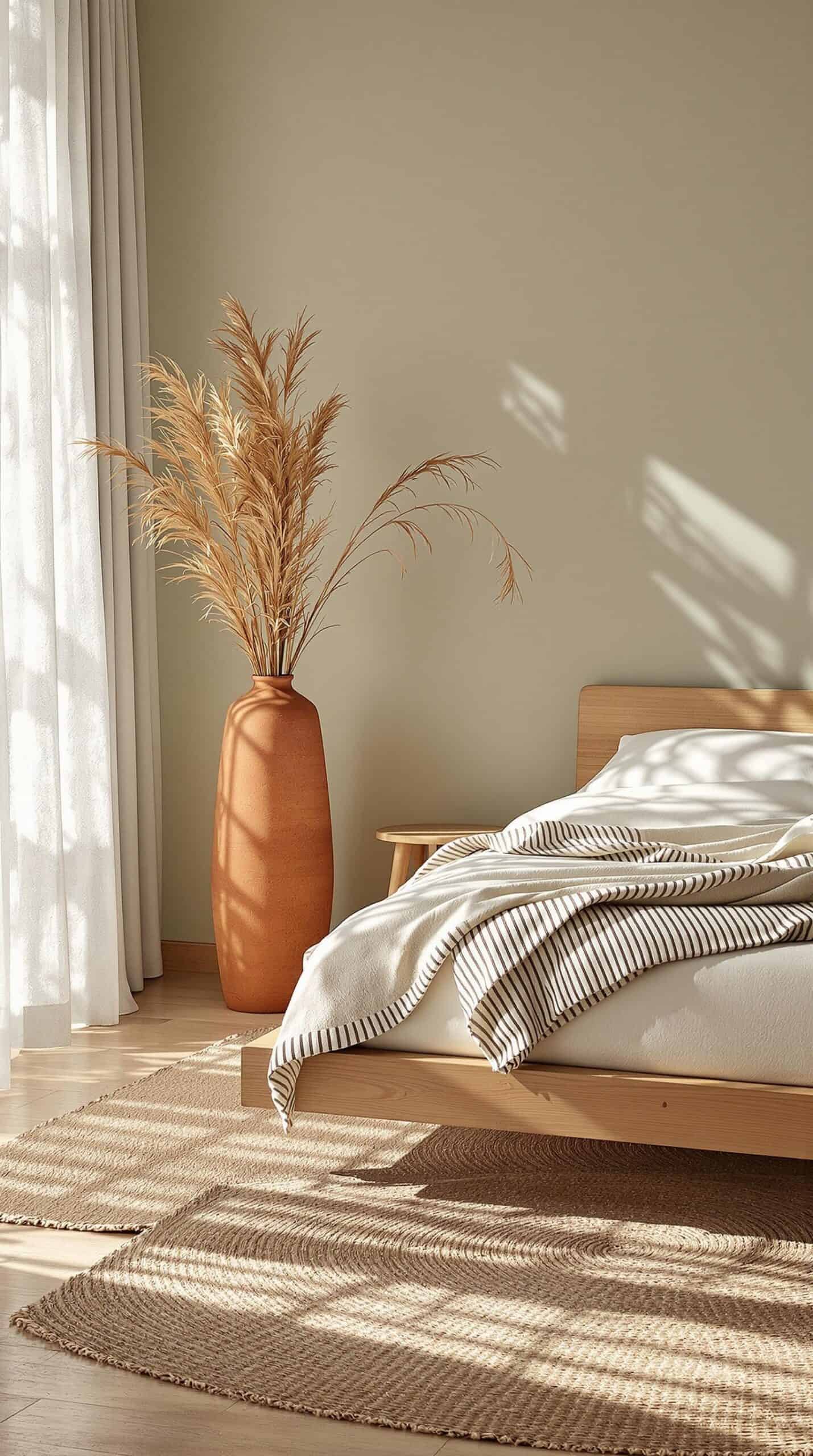 a bedroom with a bed and a plant in a vase
