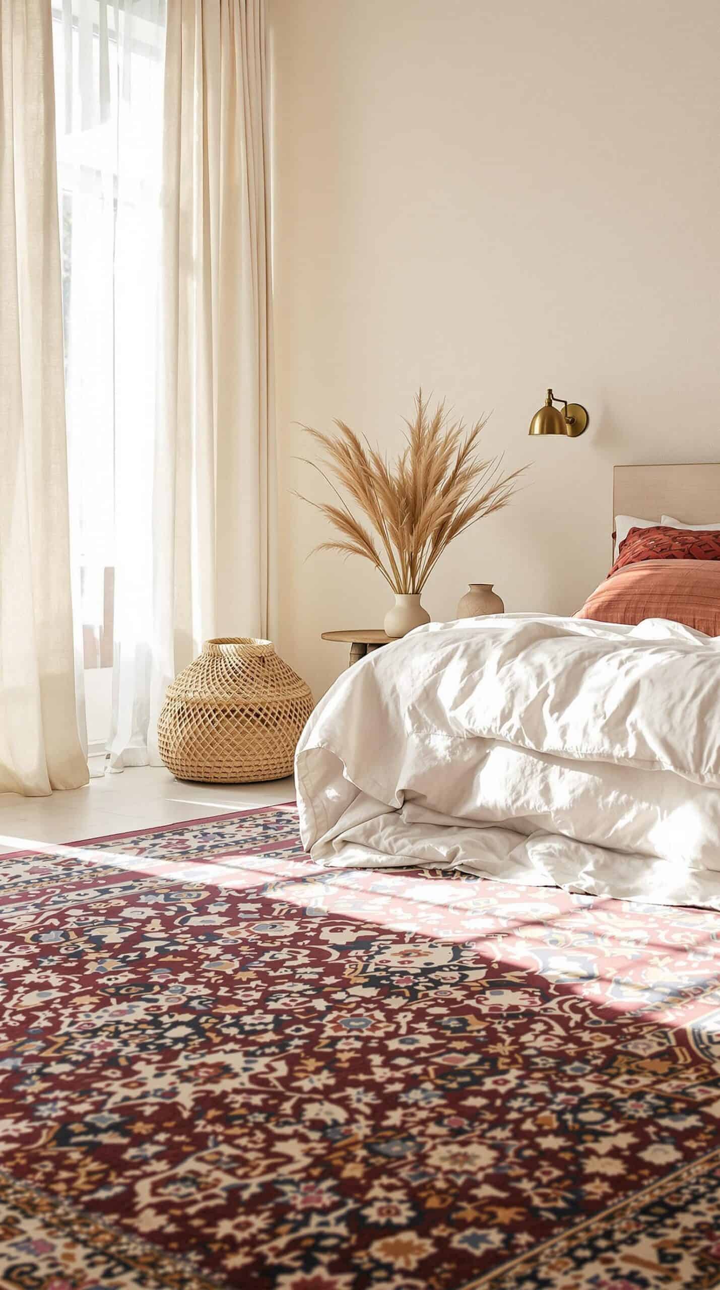 a bedroom with a large rug and a bed