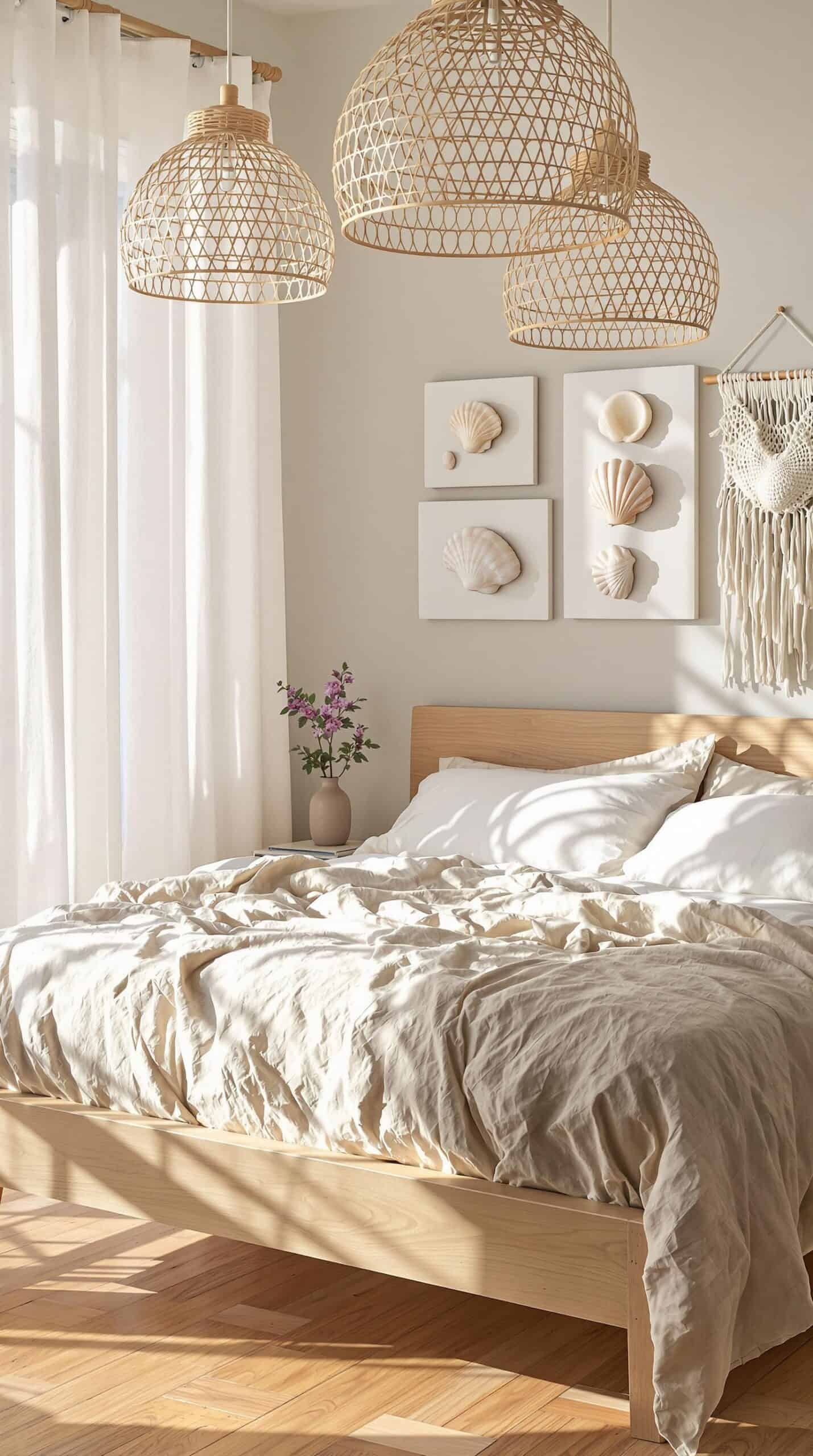 a bedroom with a bed, two lamps and pictures on the wall