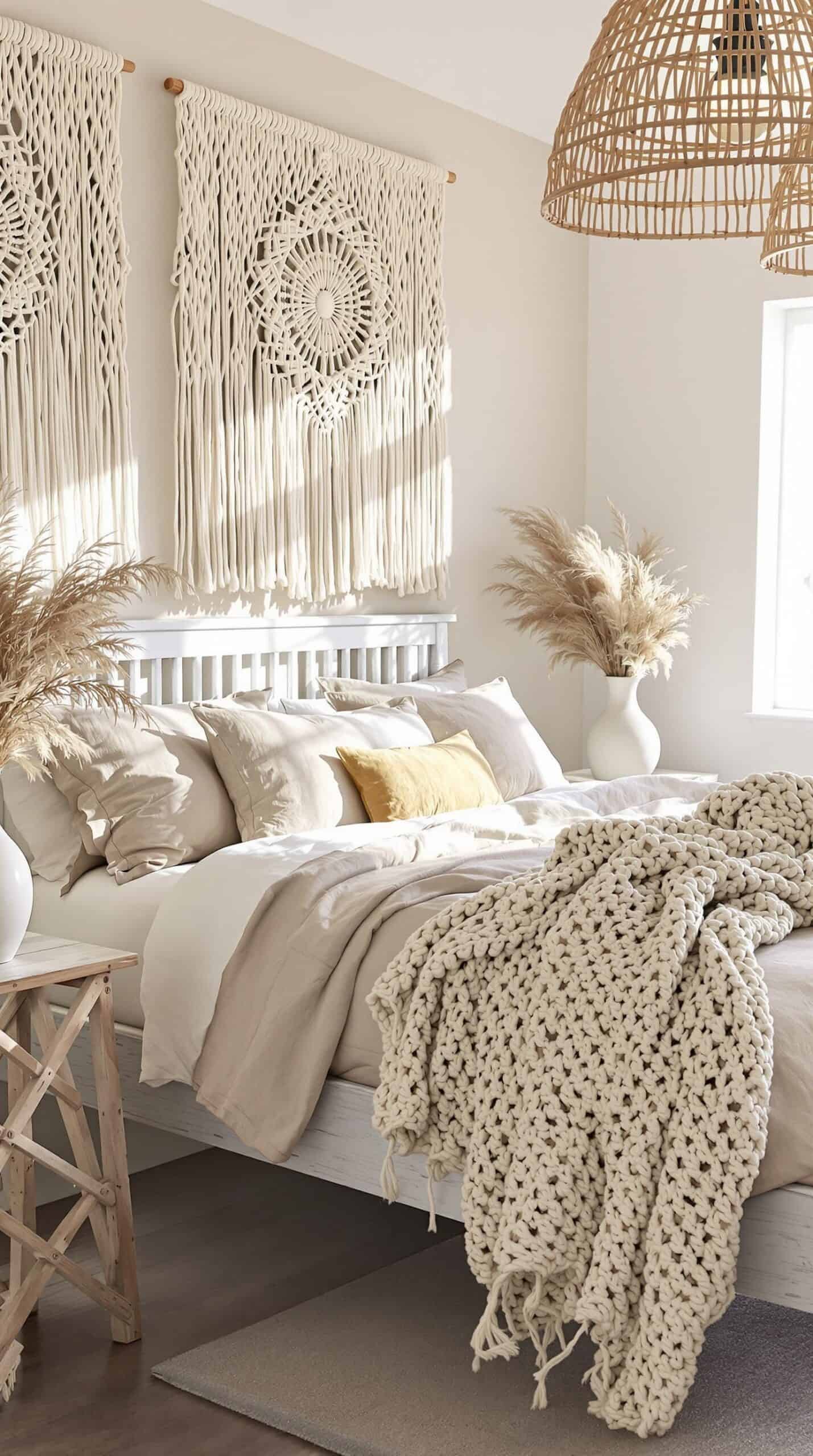 a bedroom with a white bed and a large window