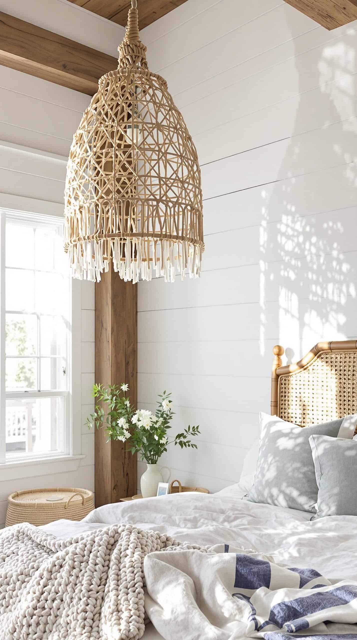 a bedroom with a bed and a basket hanging from the ceiling