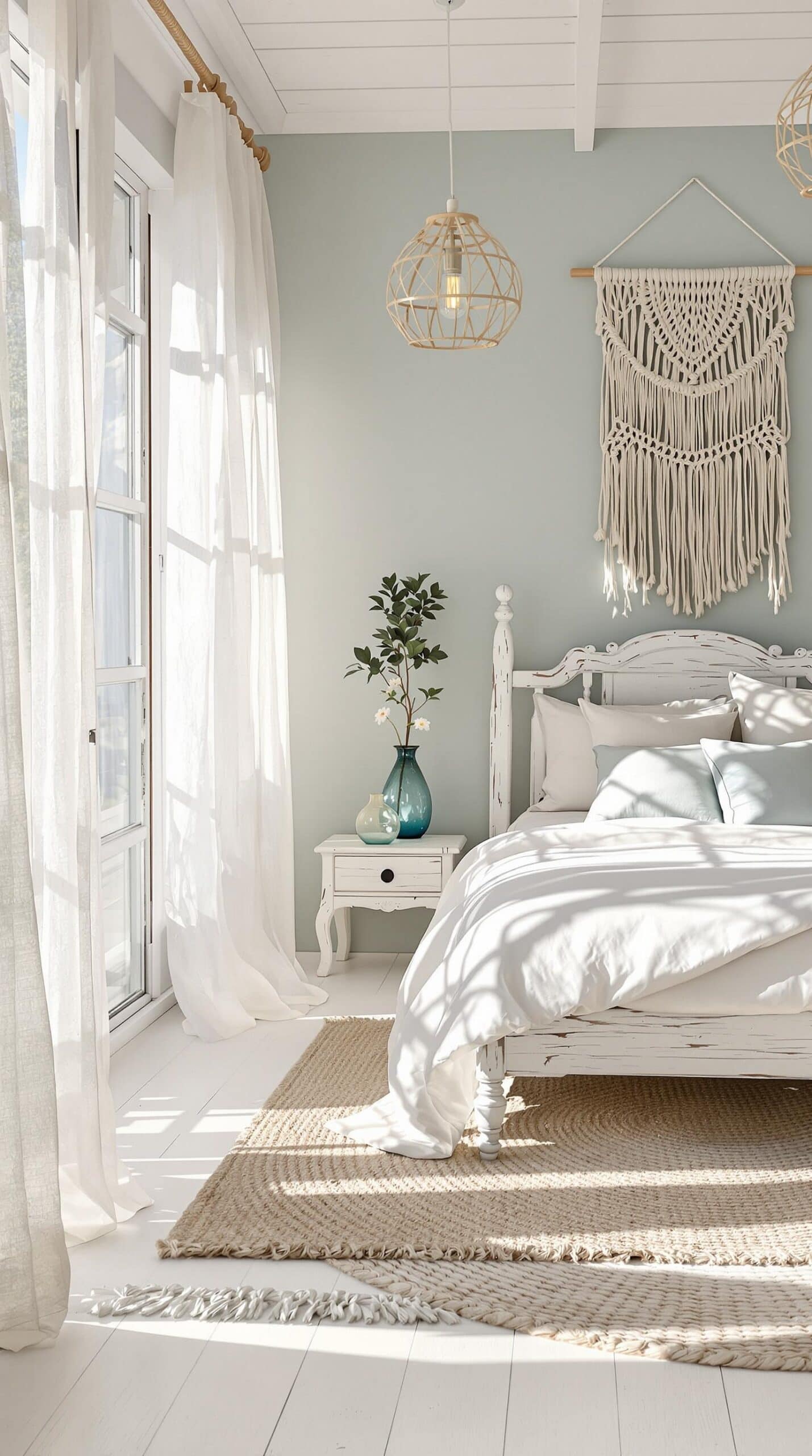 a bedroom with a white bed and white curtains