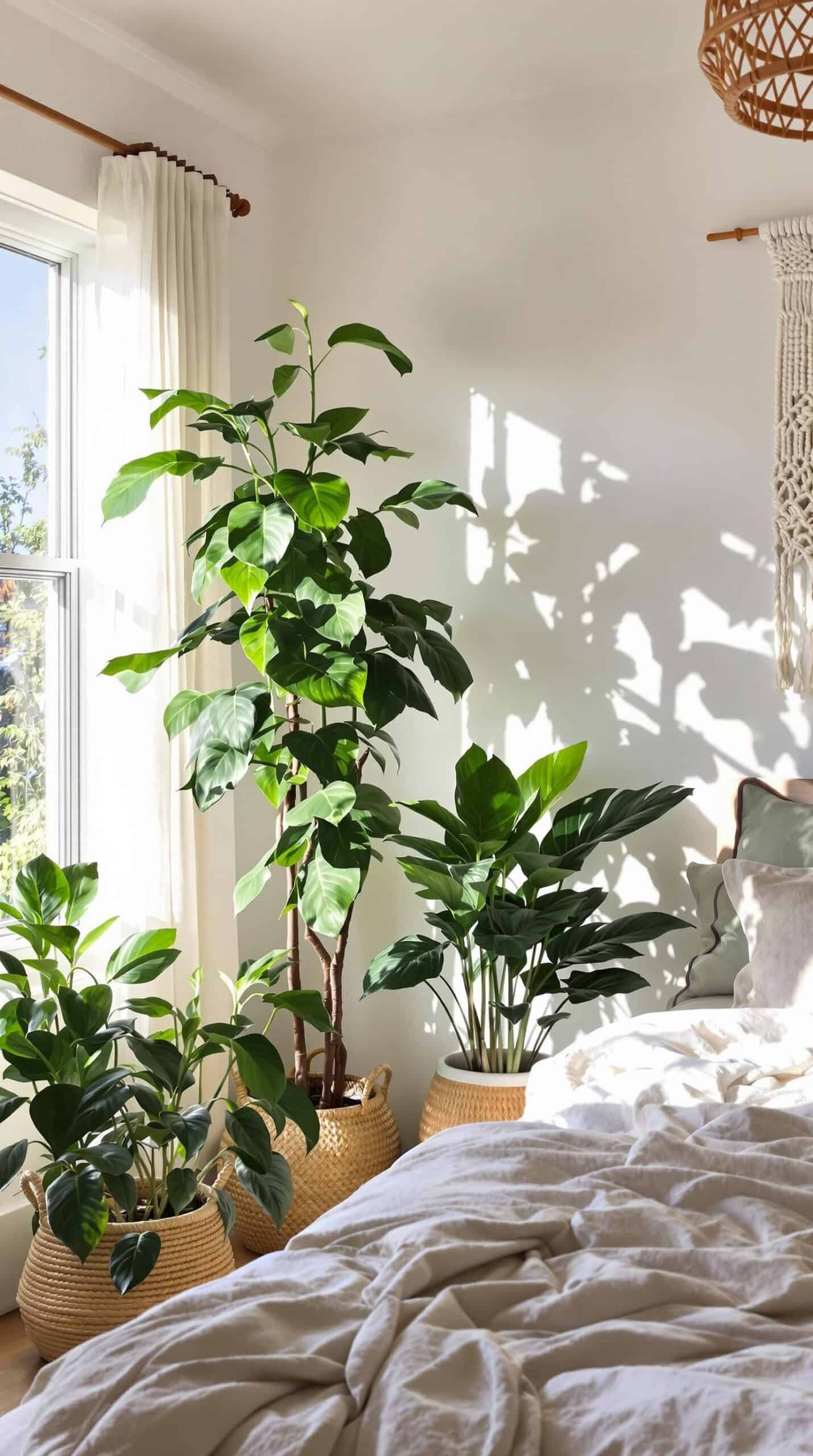 a bedroom with a bed, plants and a window