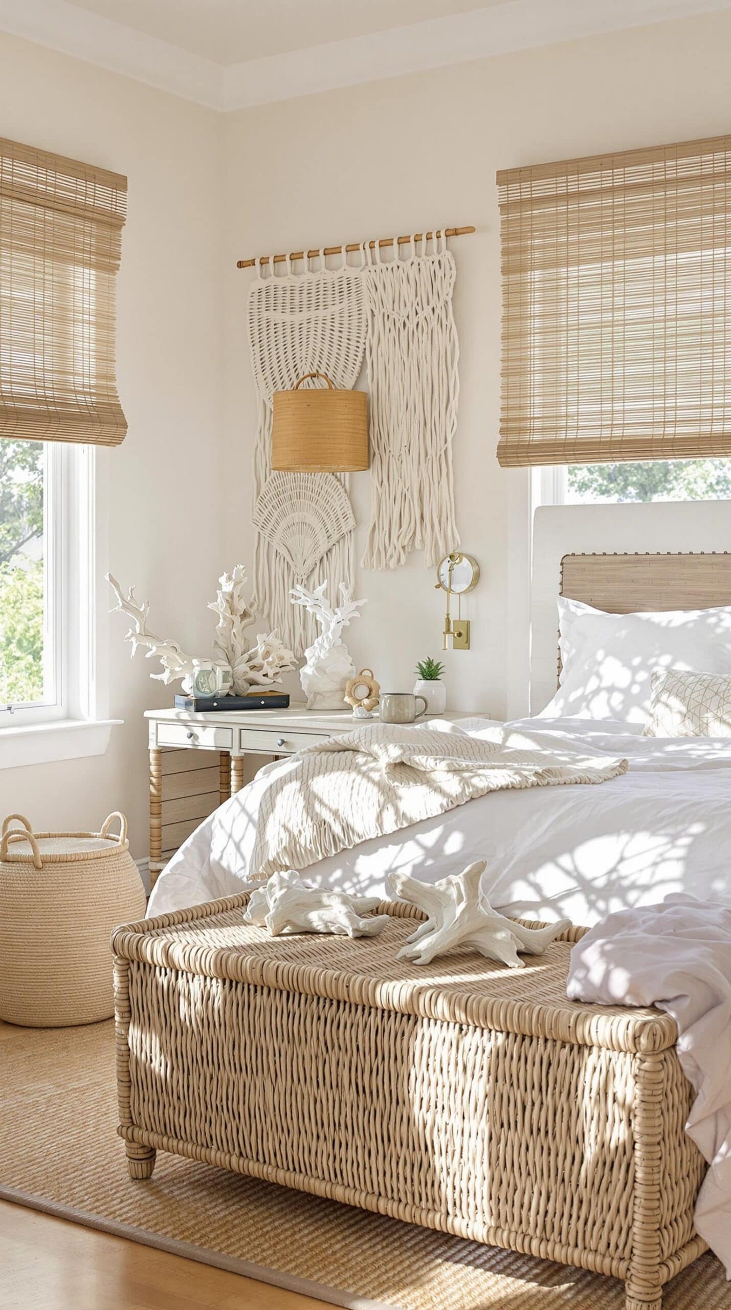 a bedroom with a wicker bed and white linens