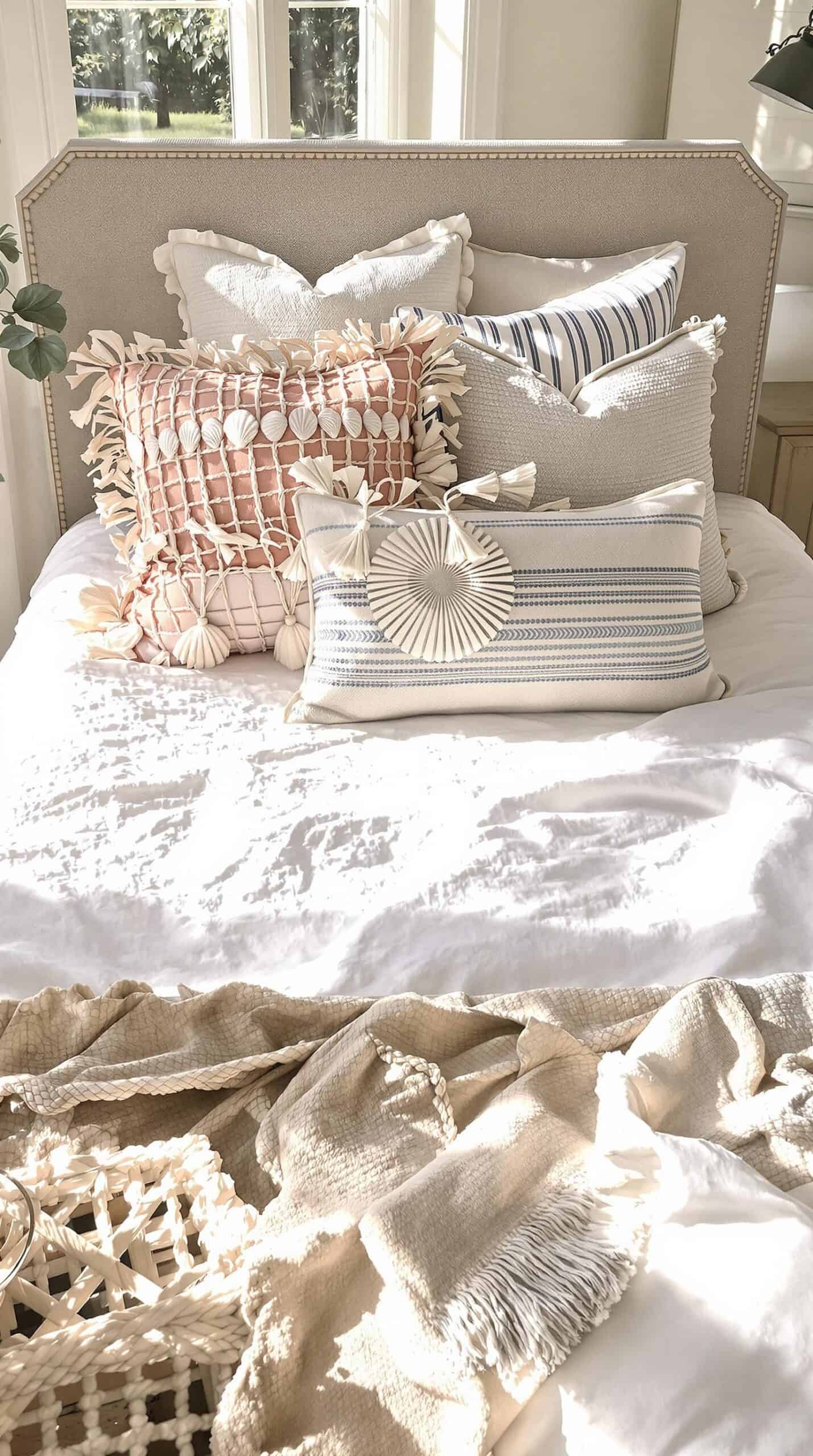 a bed with a bunch of pillows on top of it