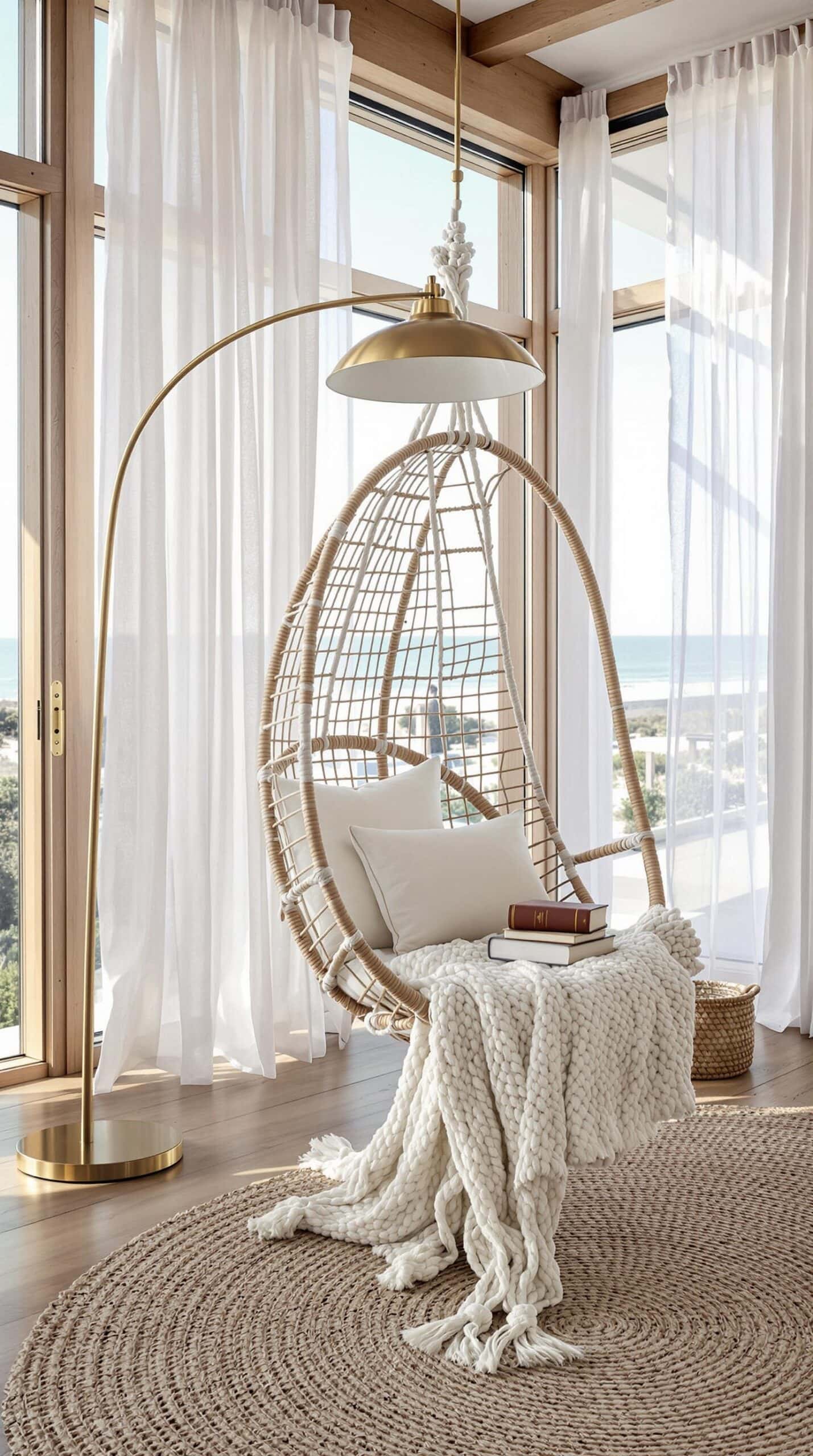 a living room with a large window and a hanging chair