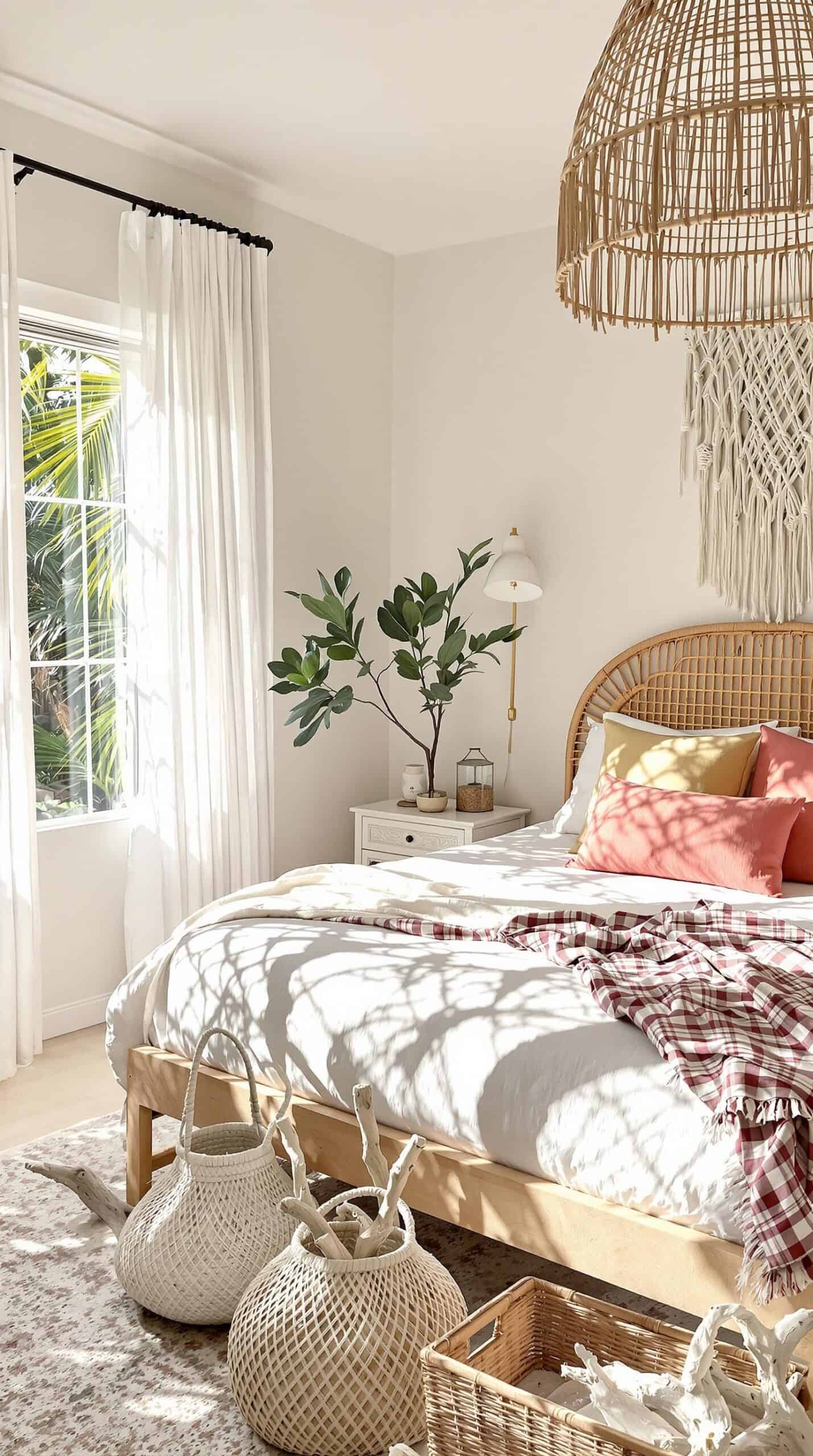 a bedroom with a wicker bed and white walls