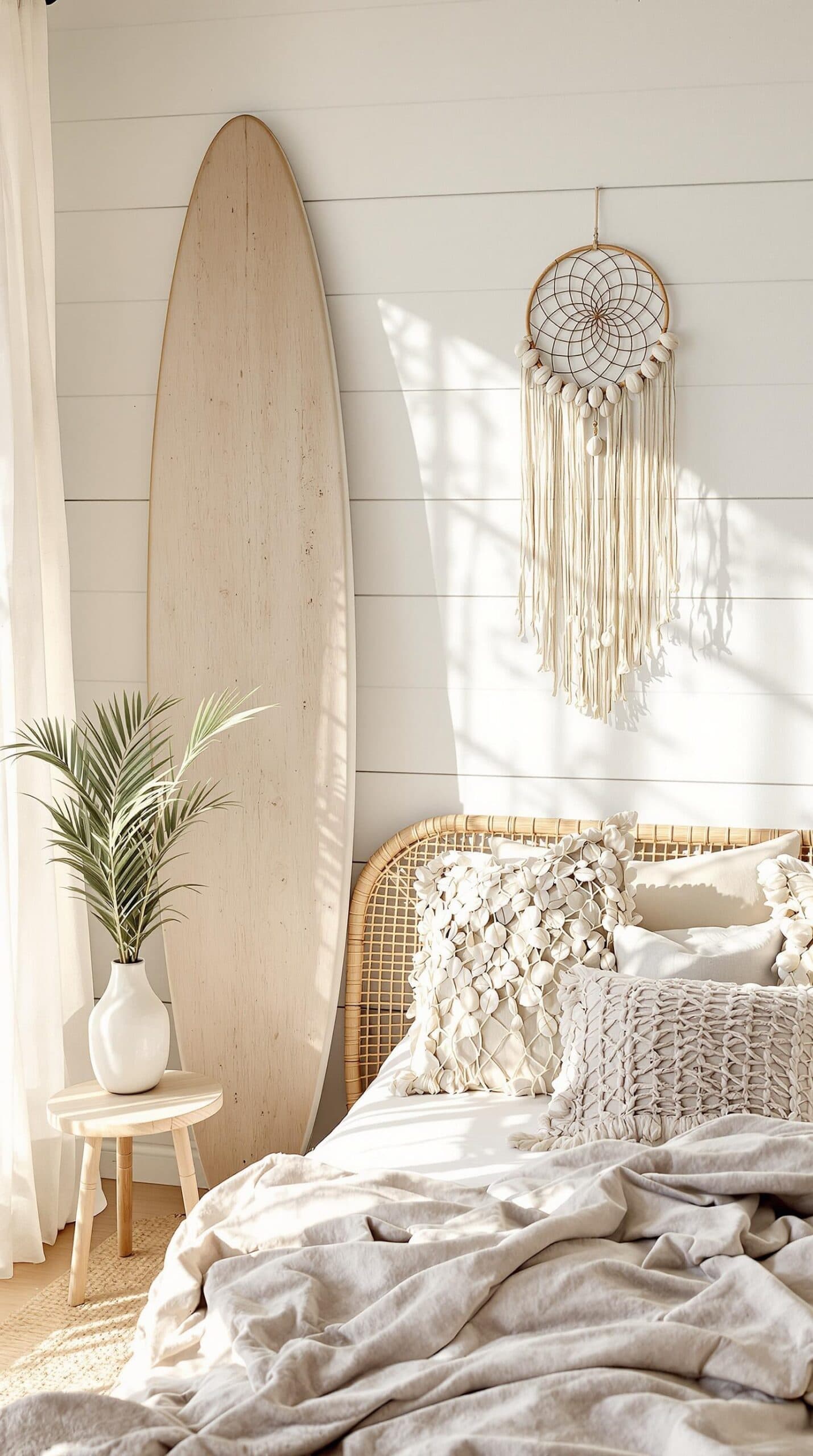 a bedroom with a surfboard hanging on the wall