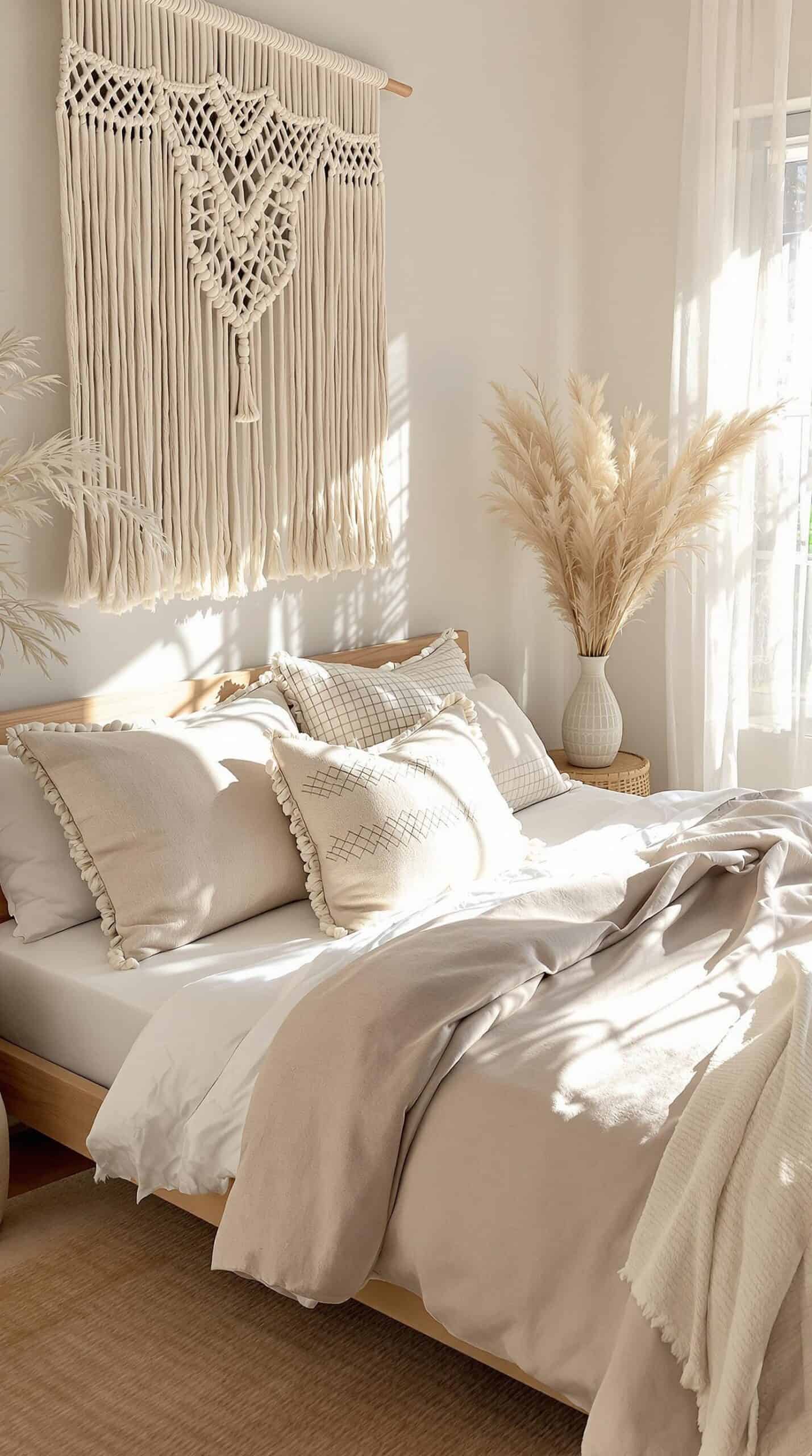 a bed with a white comforter and pillows