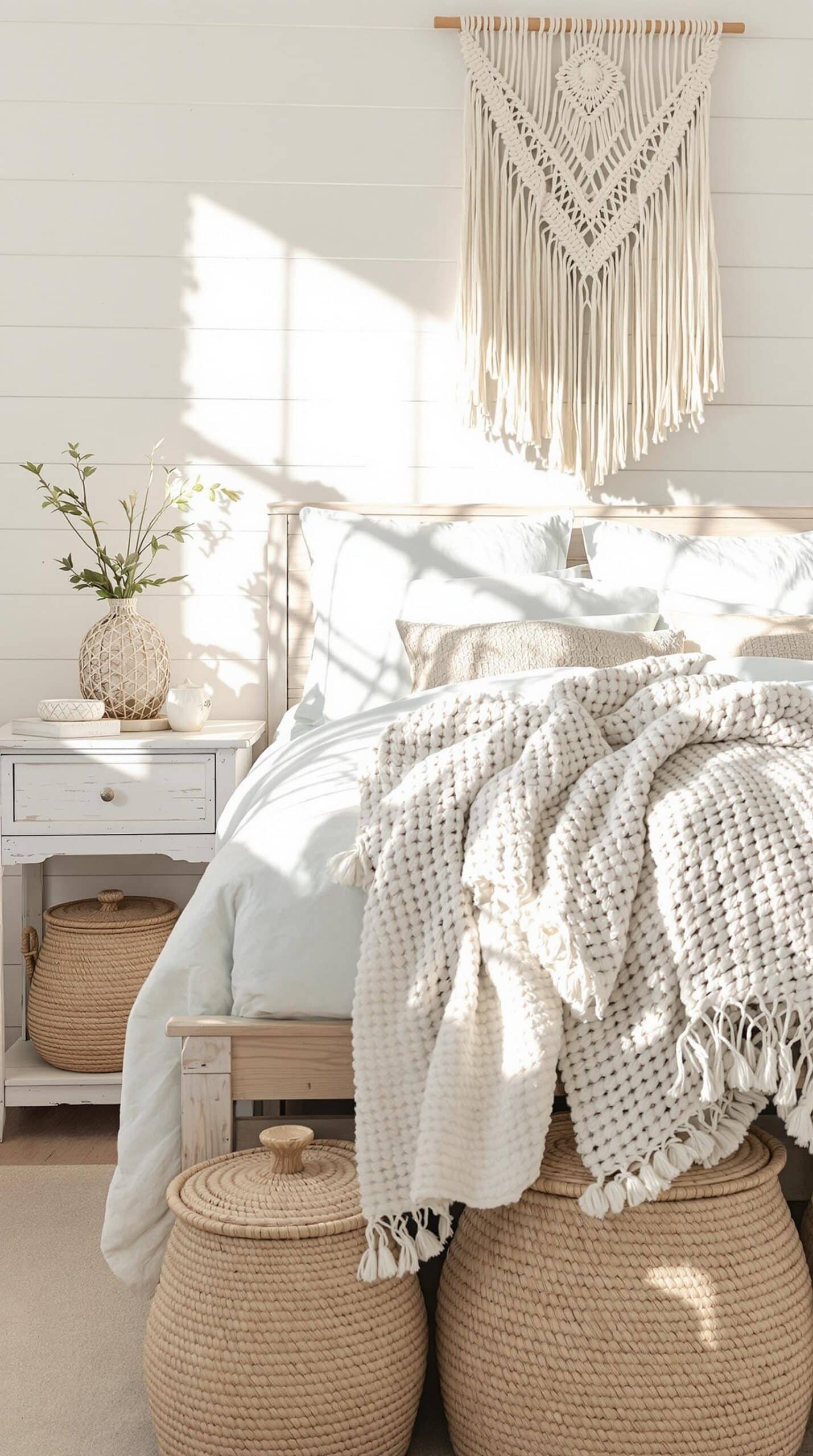 a bedroom with a bed, two baskets, and a macrame wall hanging