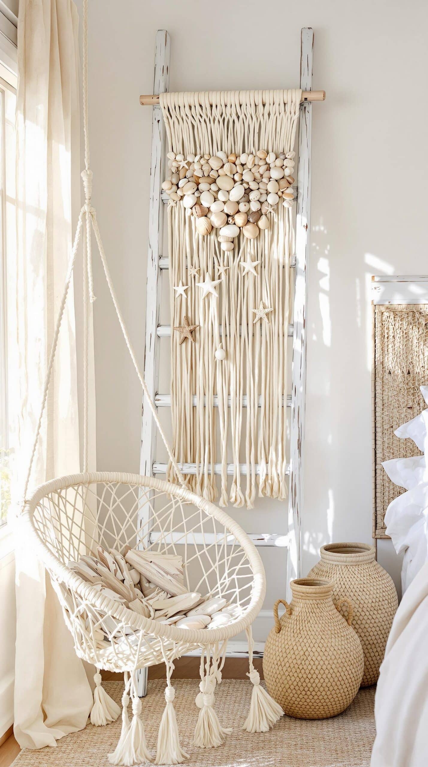 a bedroom with a hammock, vases and a window