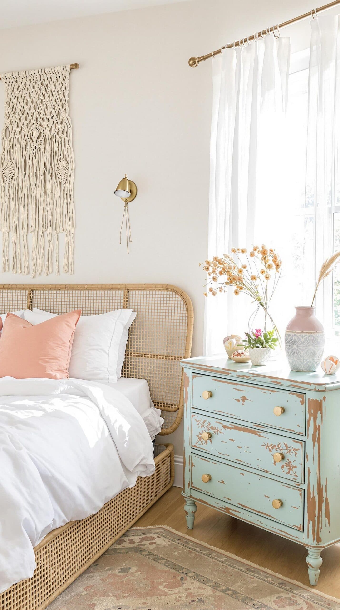 a bedroom with a wicker bed and a blue dresser