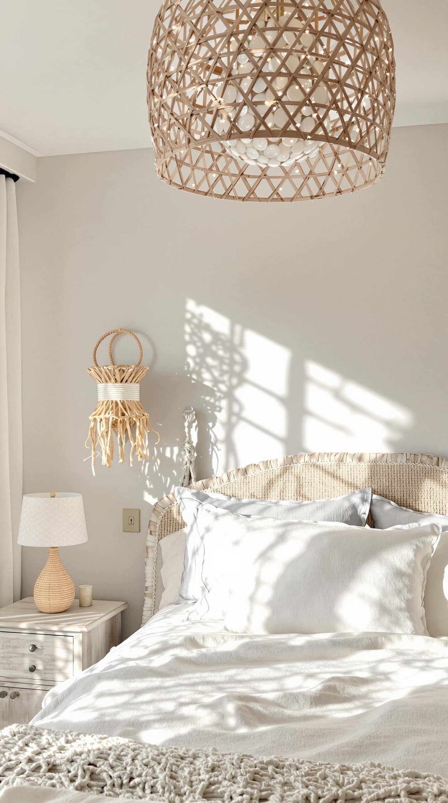 a bedroom with a white bed and a wicker chandelier