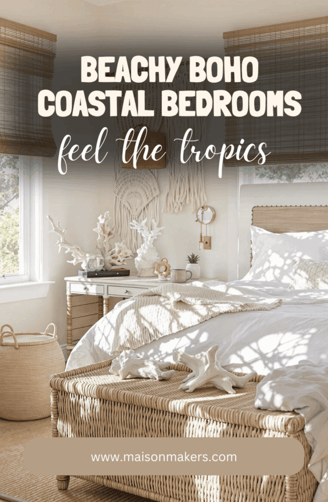 a bedroom with a wicker bed and white walls