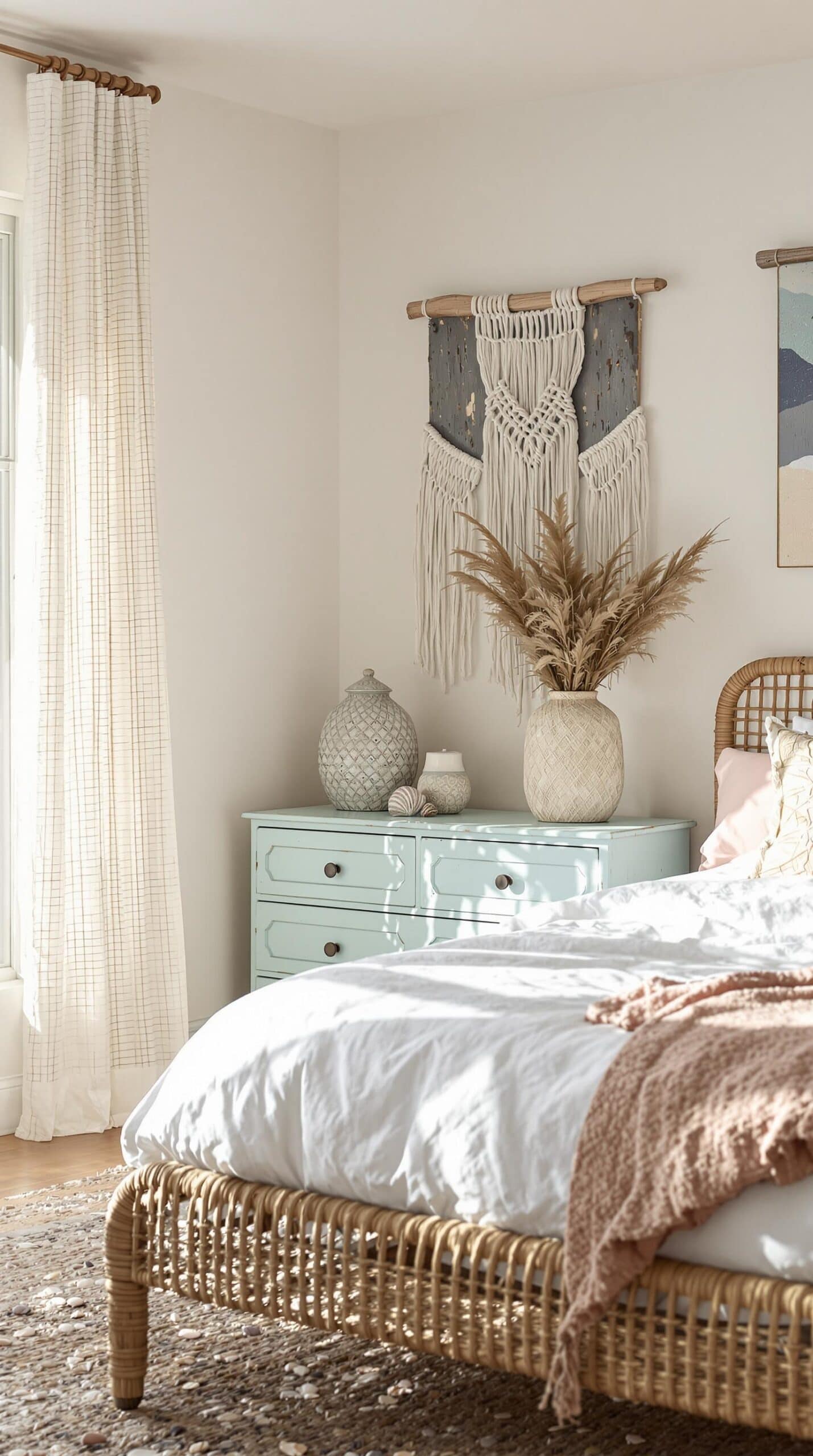 a bedroom with a wicker bed and a wicker dresser