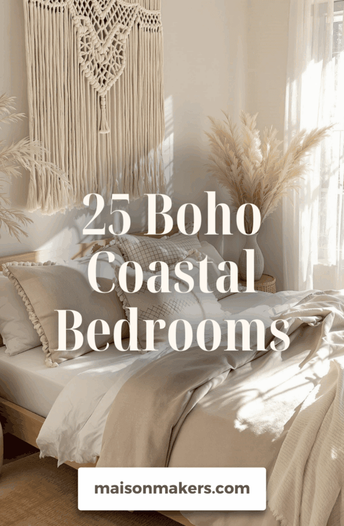 a bedroom with a bed and pillows with the words 25 boho coastal bedroom designs