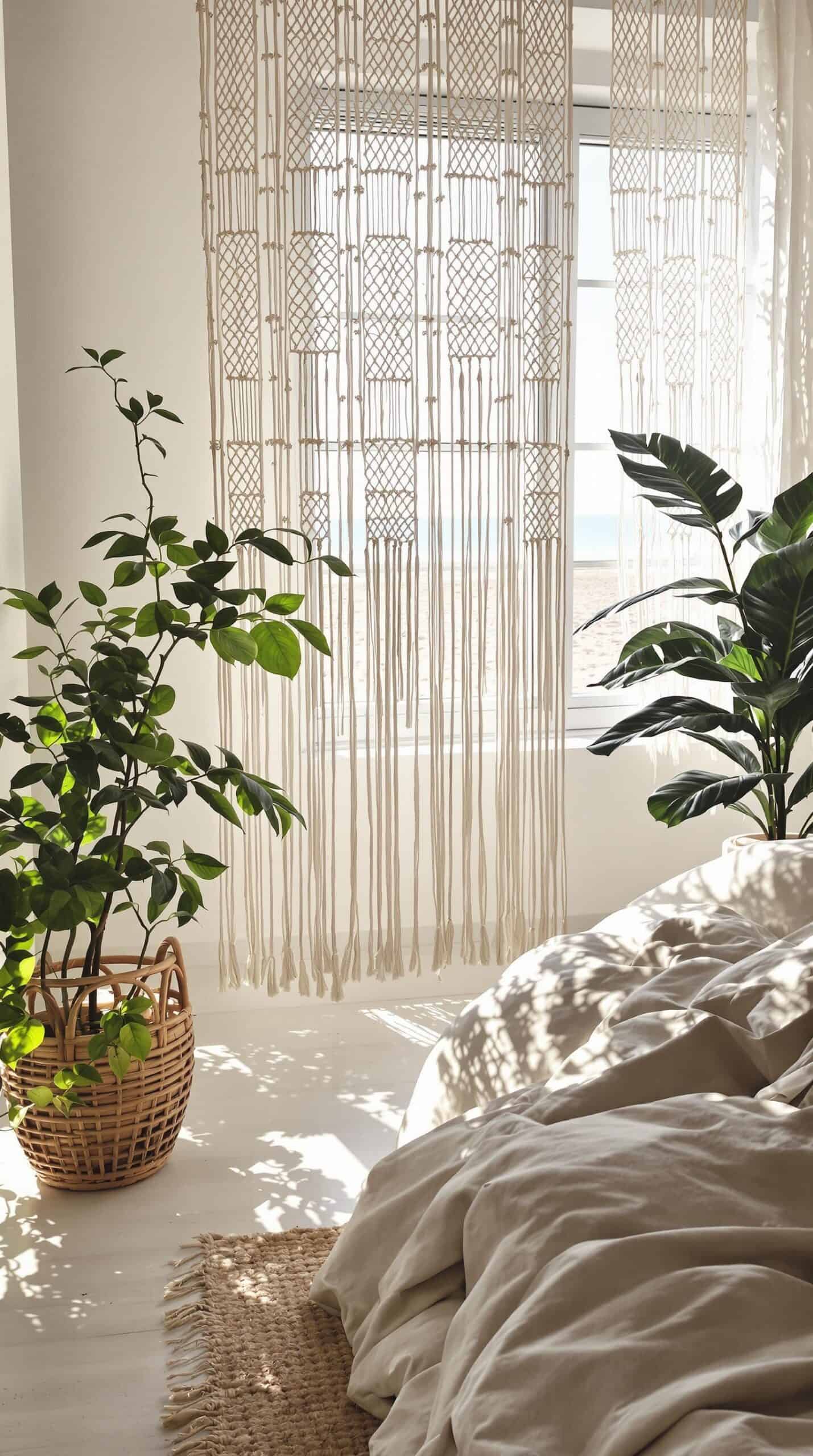 a bedroom with two plants in a basket on the bed