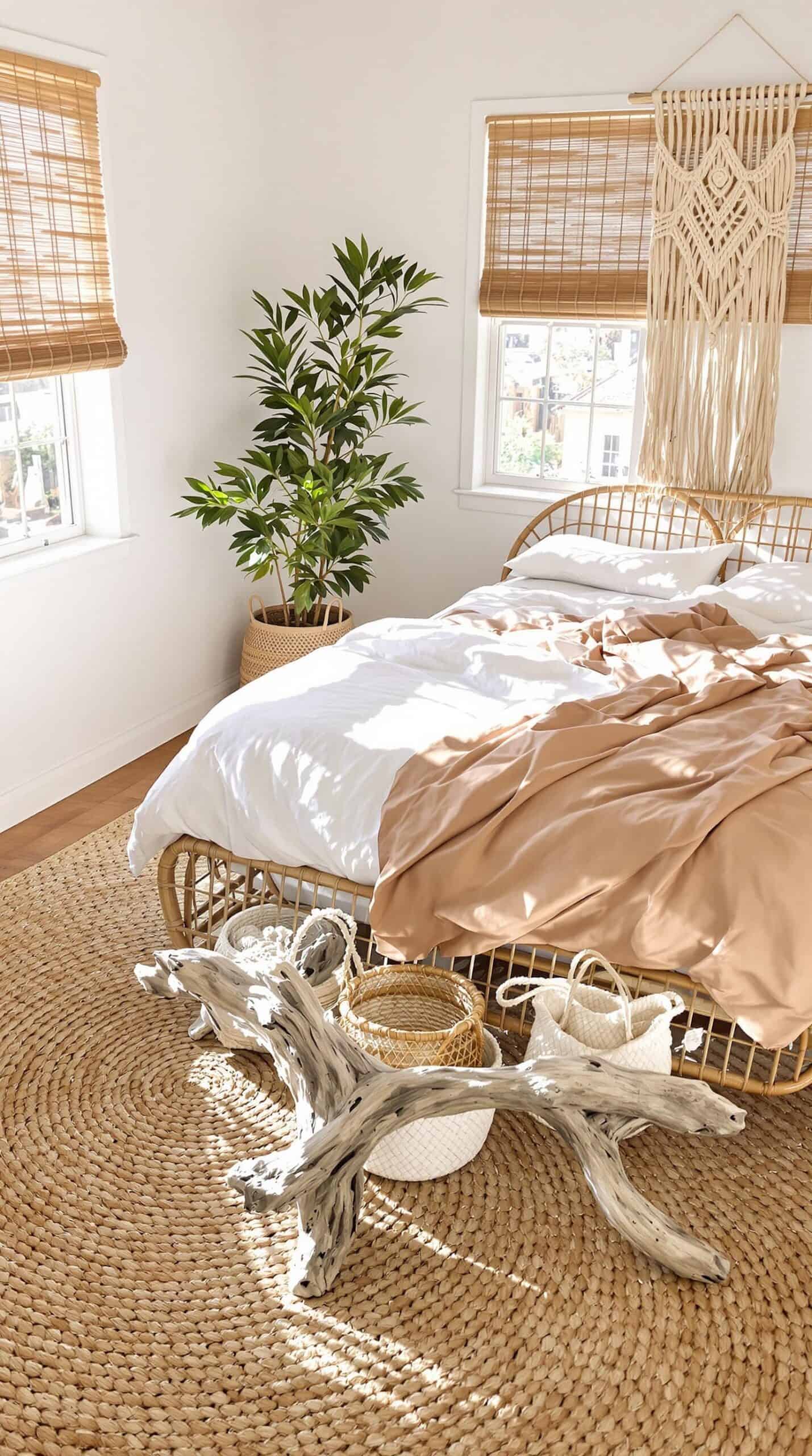 a bed sitting on top of a wooden floor next to a window