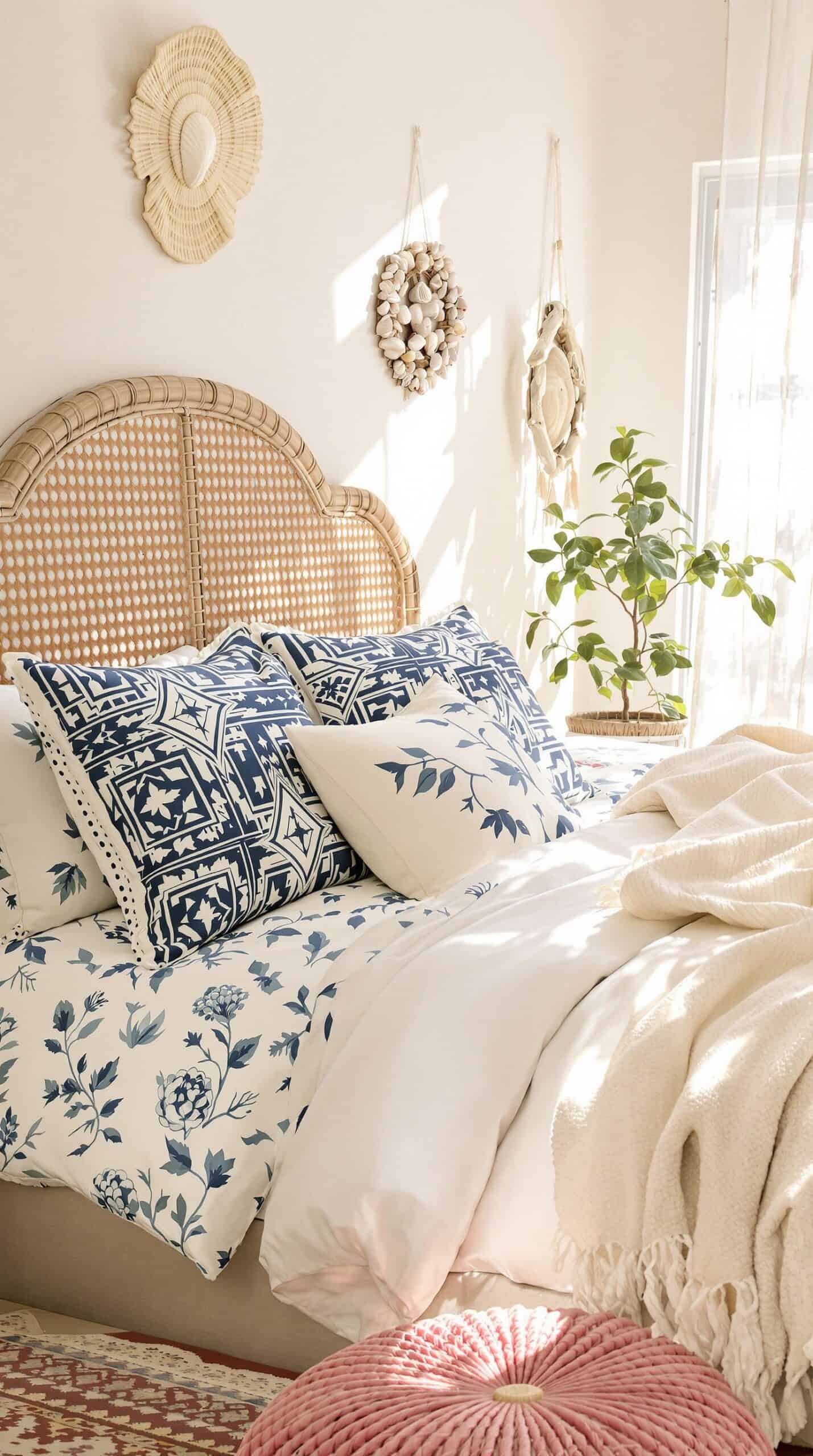 a bedroom with a wicker headboard and pillows