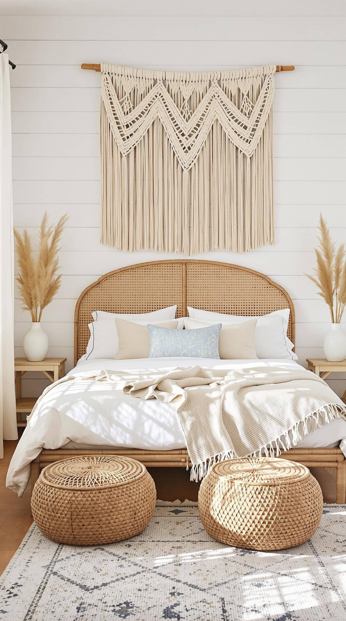 a bedroom with a wicker bed and two stools