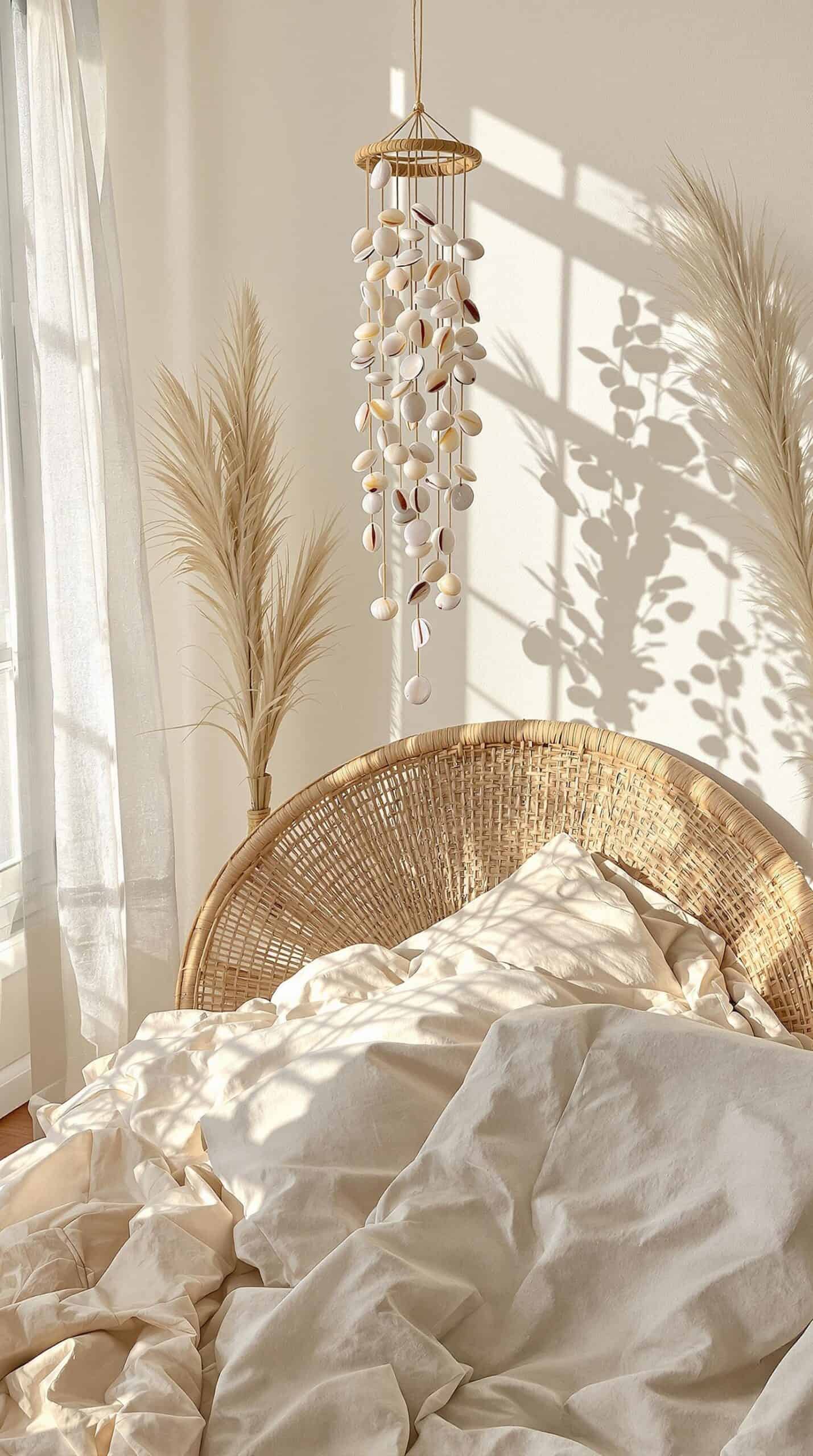 a bed with a white comforter and a chandelier