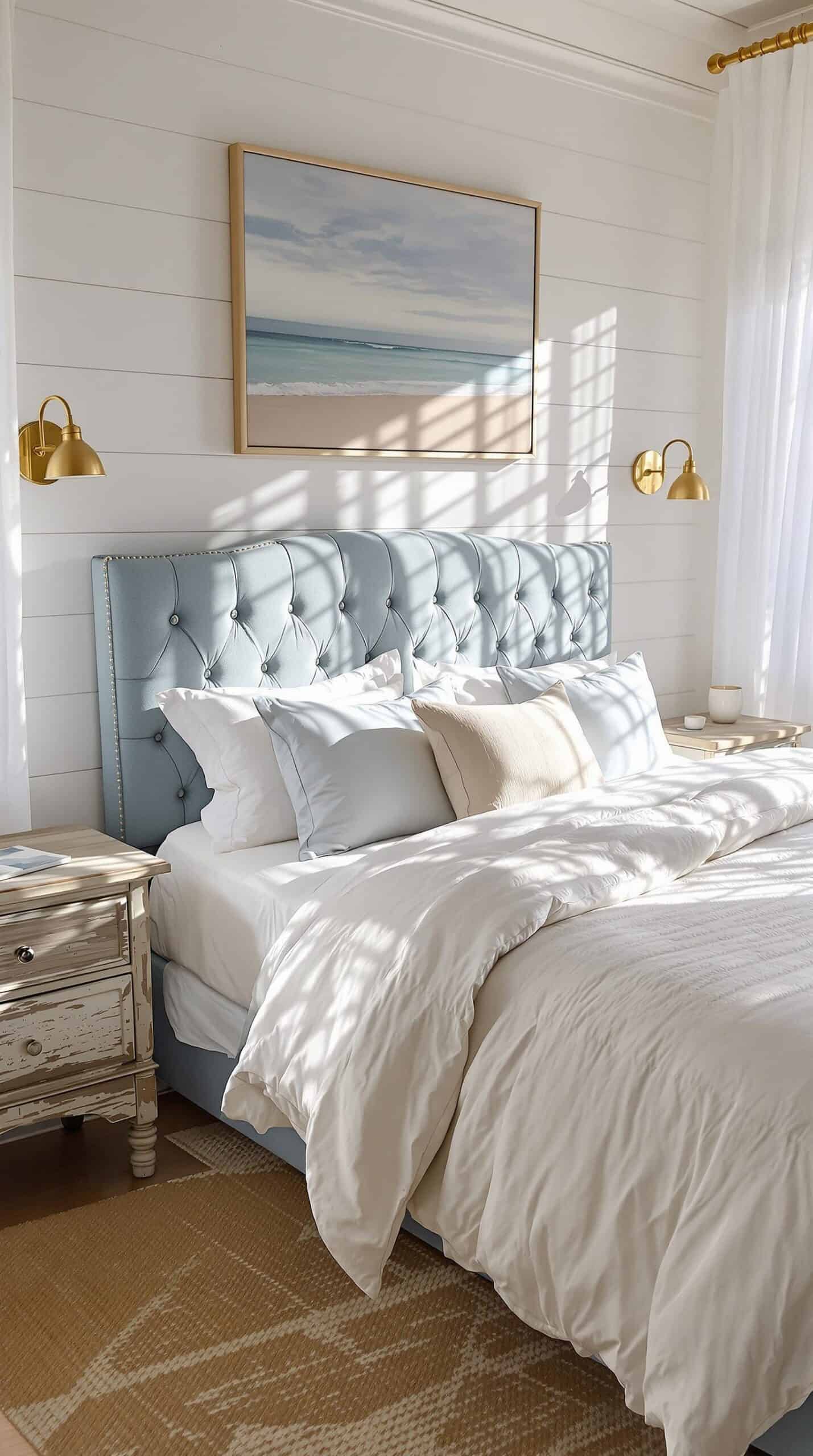 a bedroom with a large bed and a painting on the wall