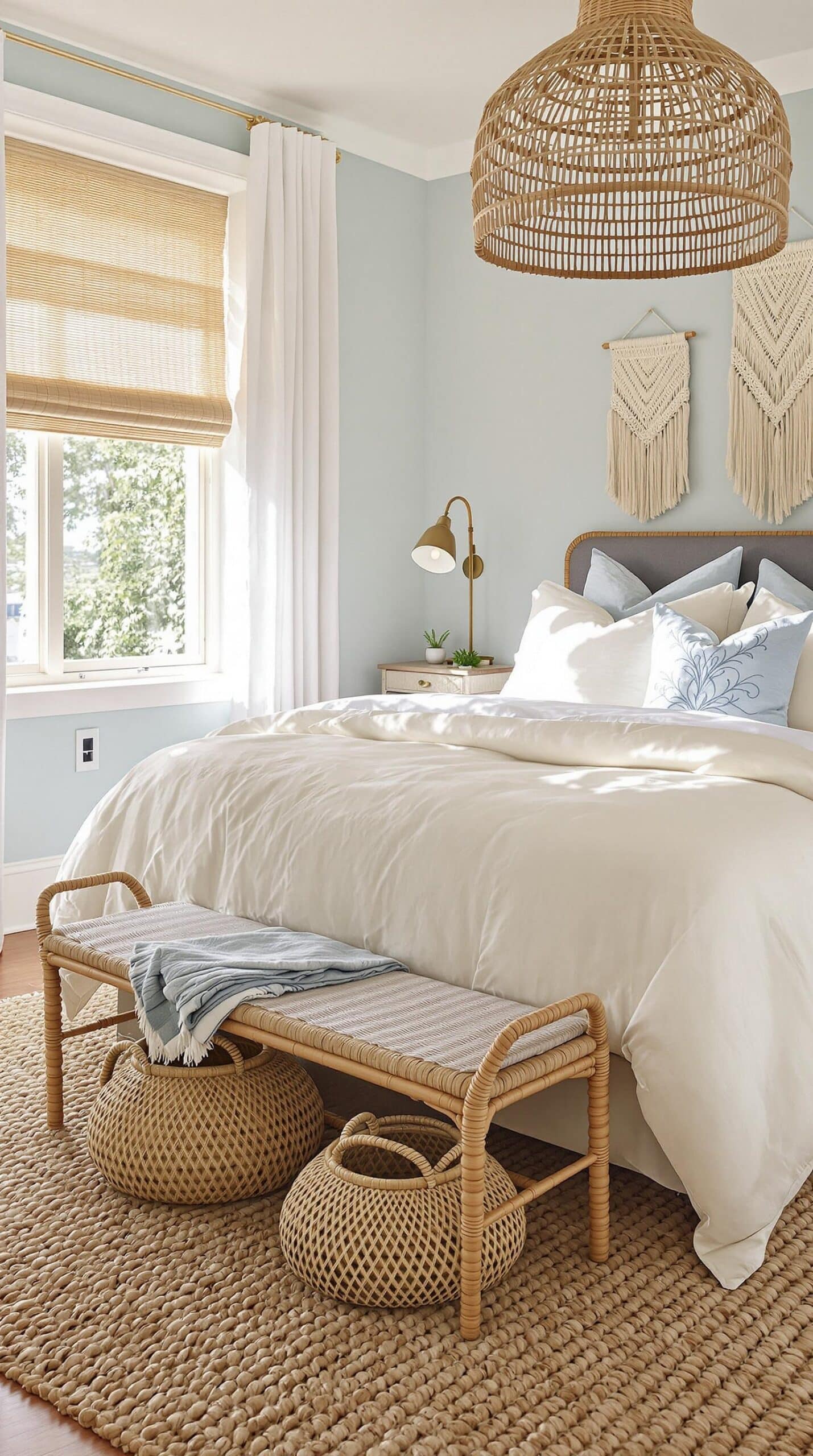 a bedroom with a wicker headboard and wicker foot stools