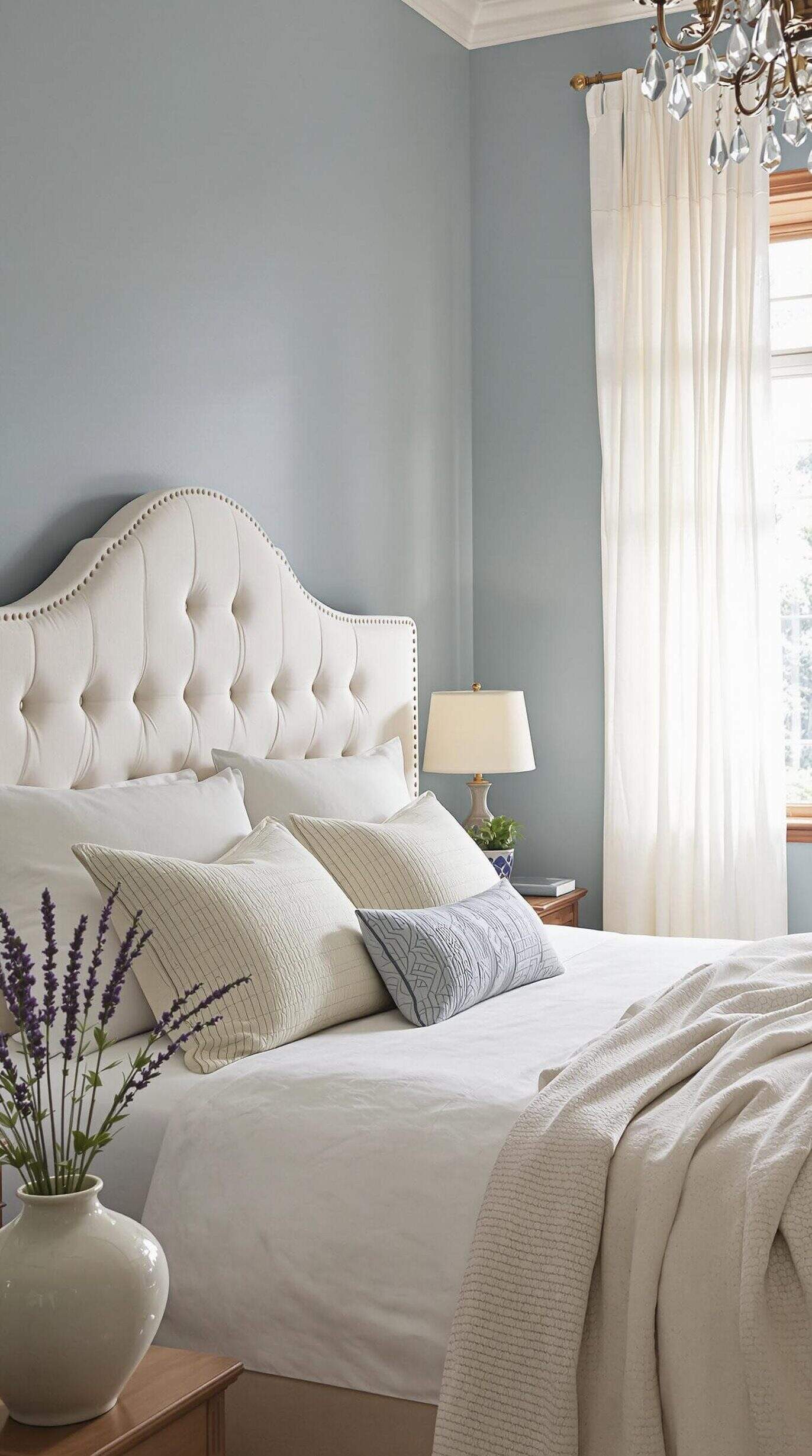 a bedroom with blue walls and a white headboard