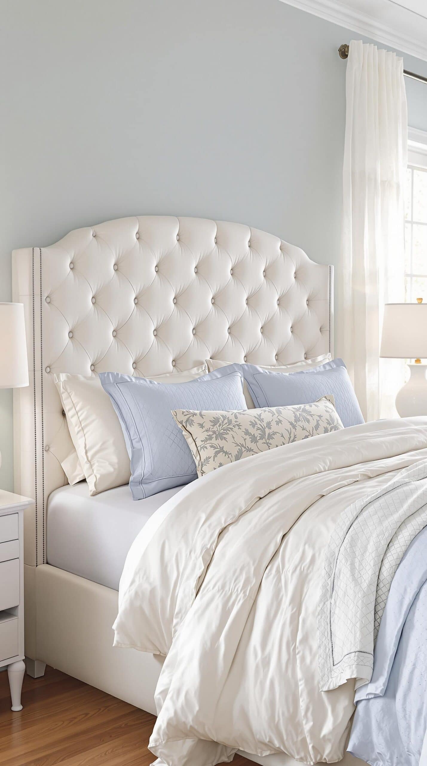 a white bed with a white headboard and pillows