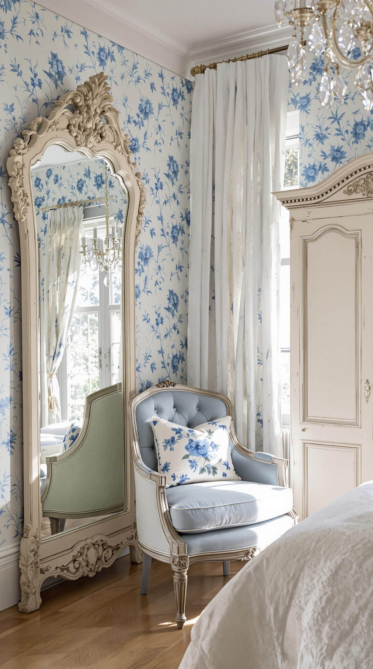 a bedroom with a chair and a mirror