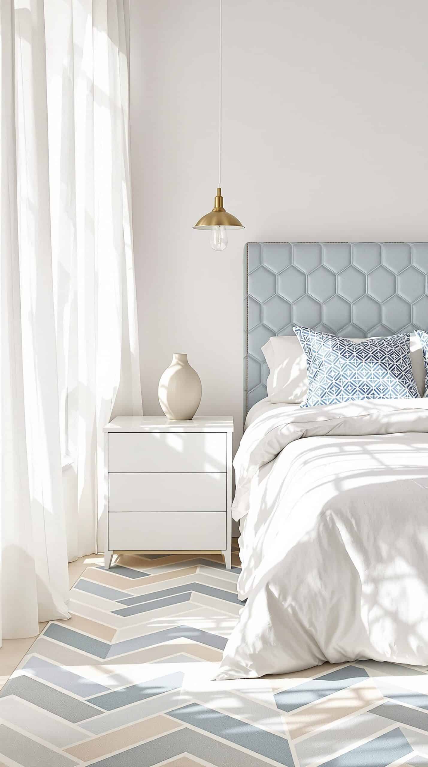 a bedroom with a bed, nightstand, and window