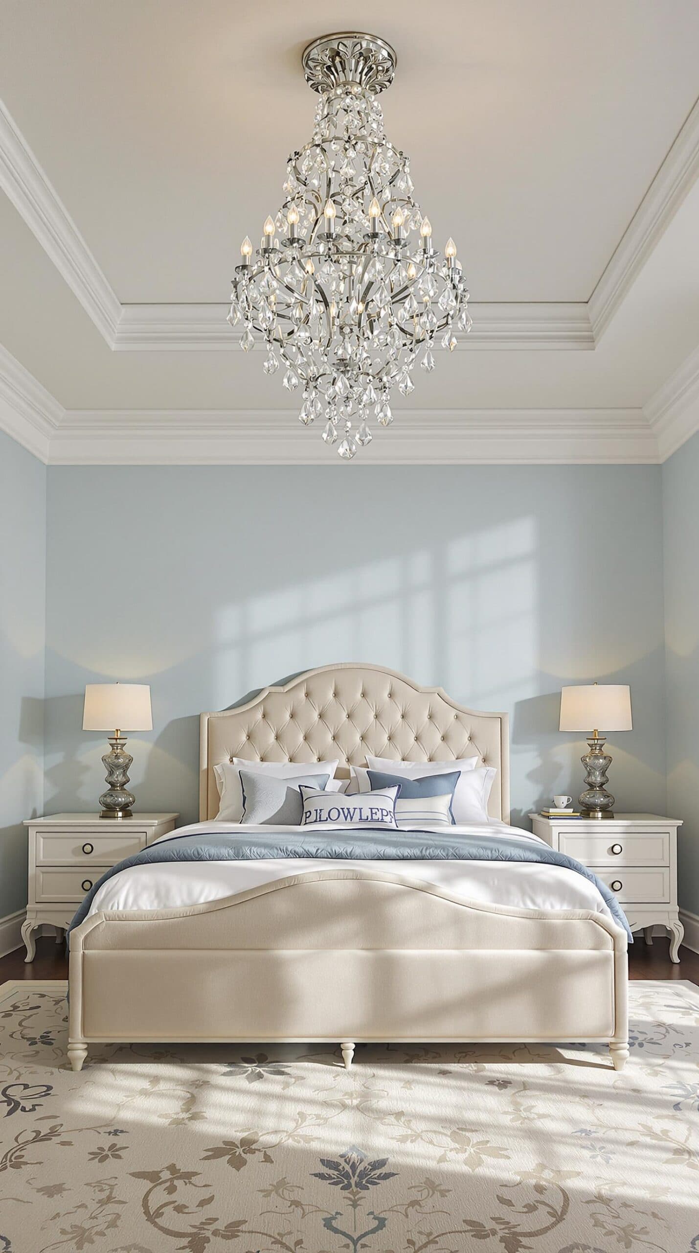 a bed room with a neatly made bed and a chandelier