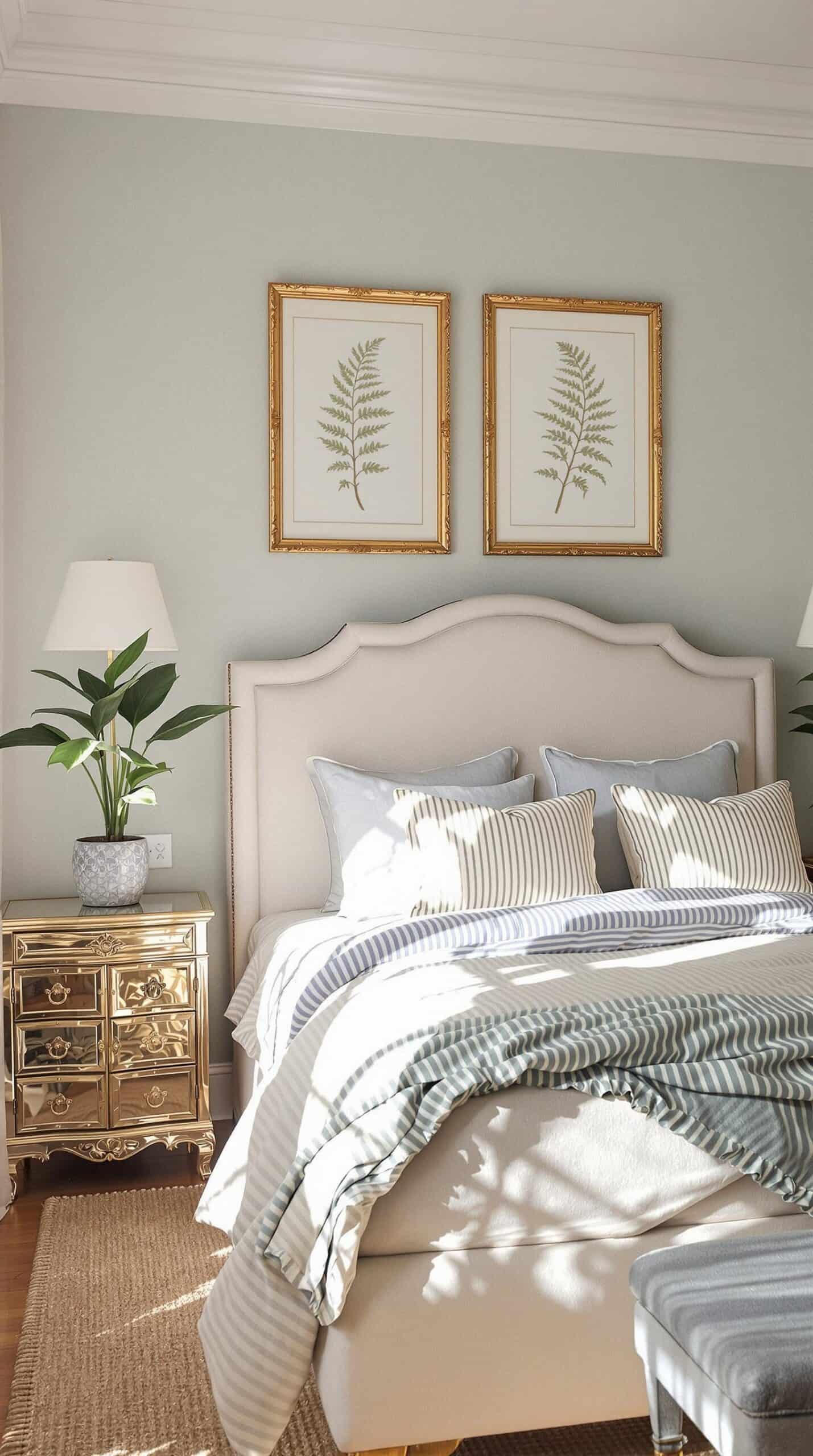 a bedroom with a bed and two paintings on the wall