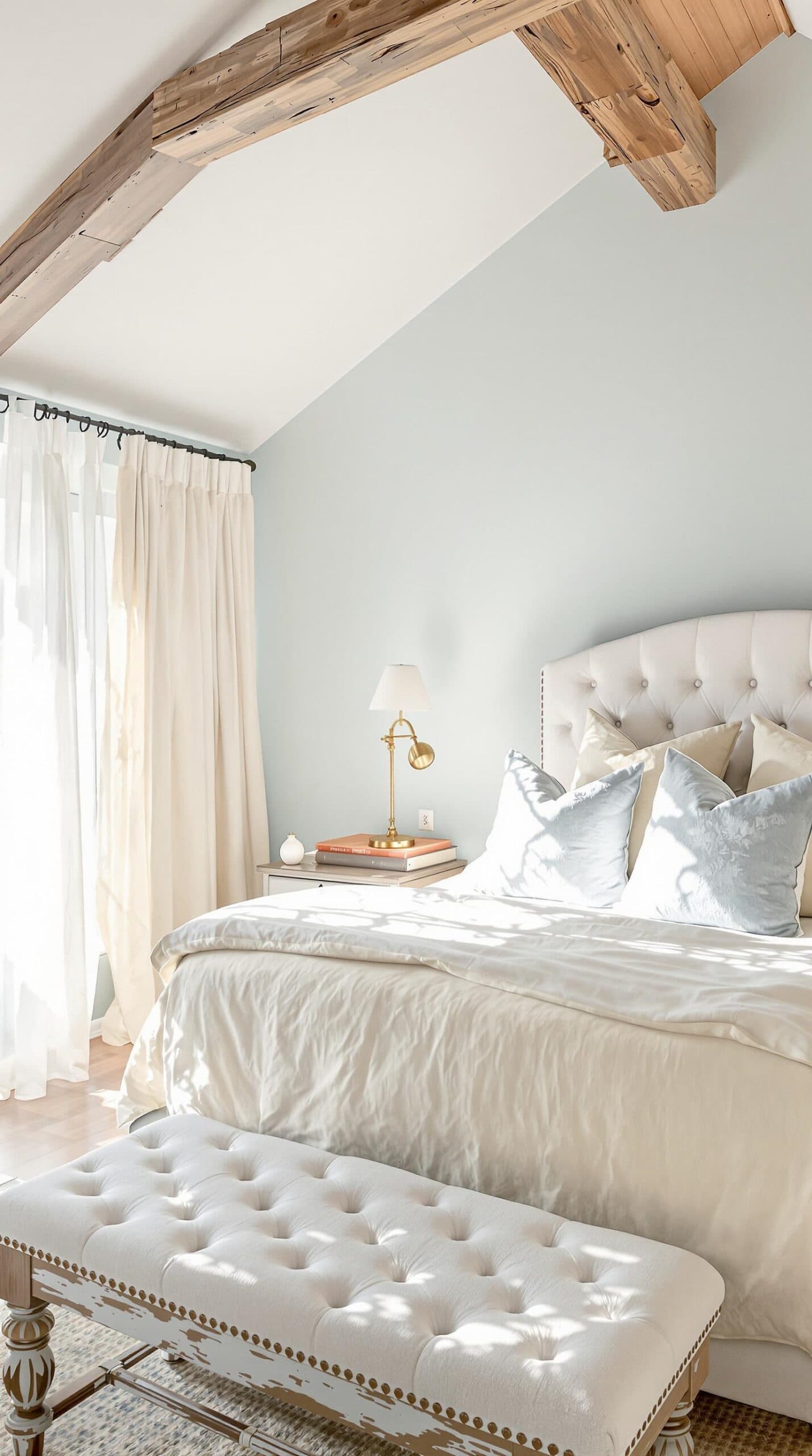 a bedroom with a white bed and a white bench