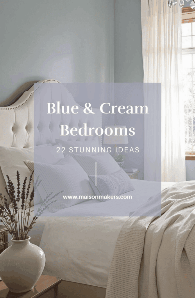 a bedroom with blue and cream bedding and a white headboard