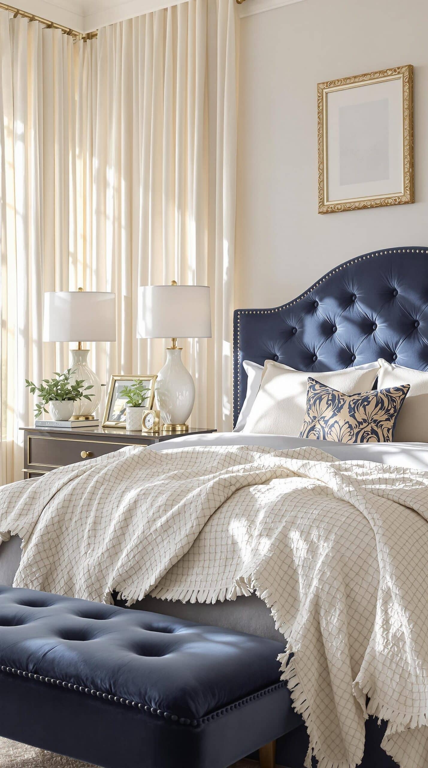 a bed with a blue headboard and foot board