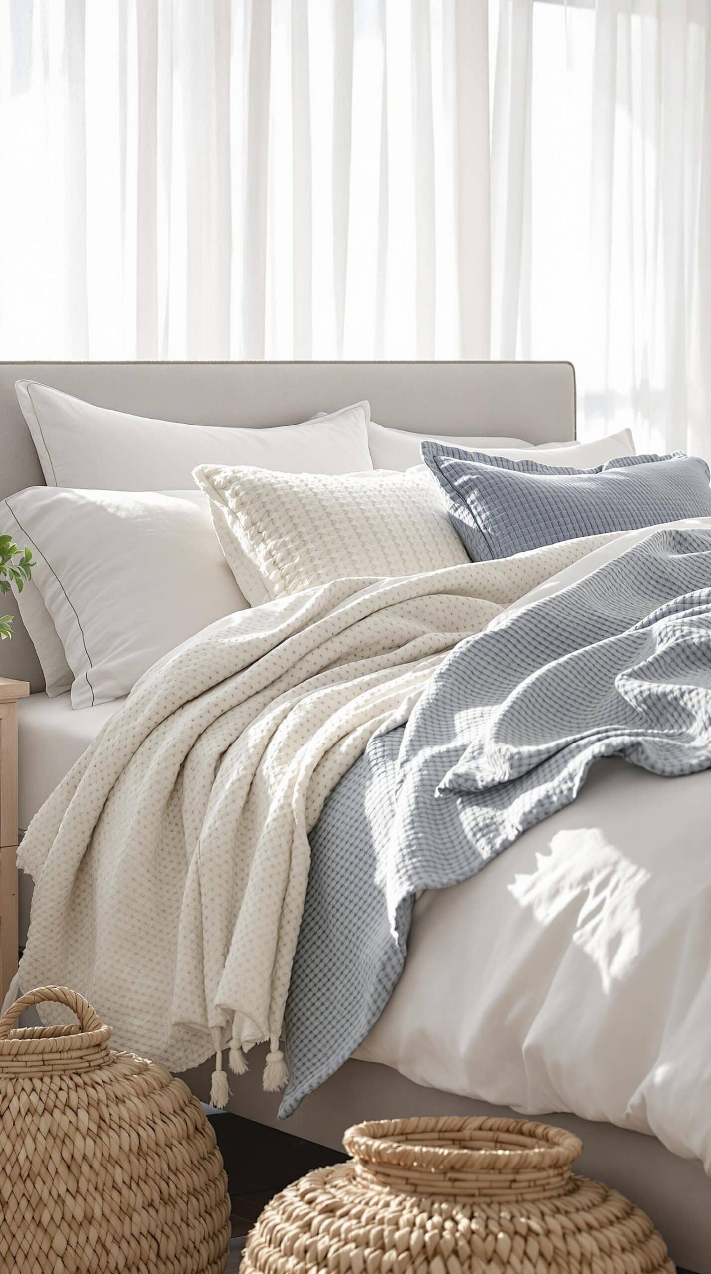 a bed with a white comforter and pillows