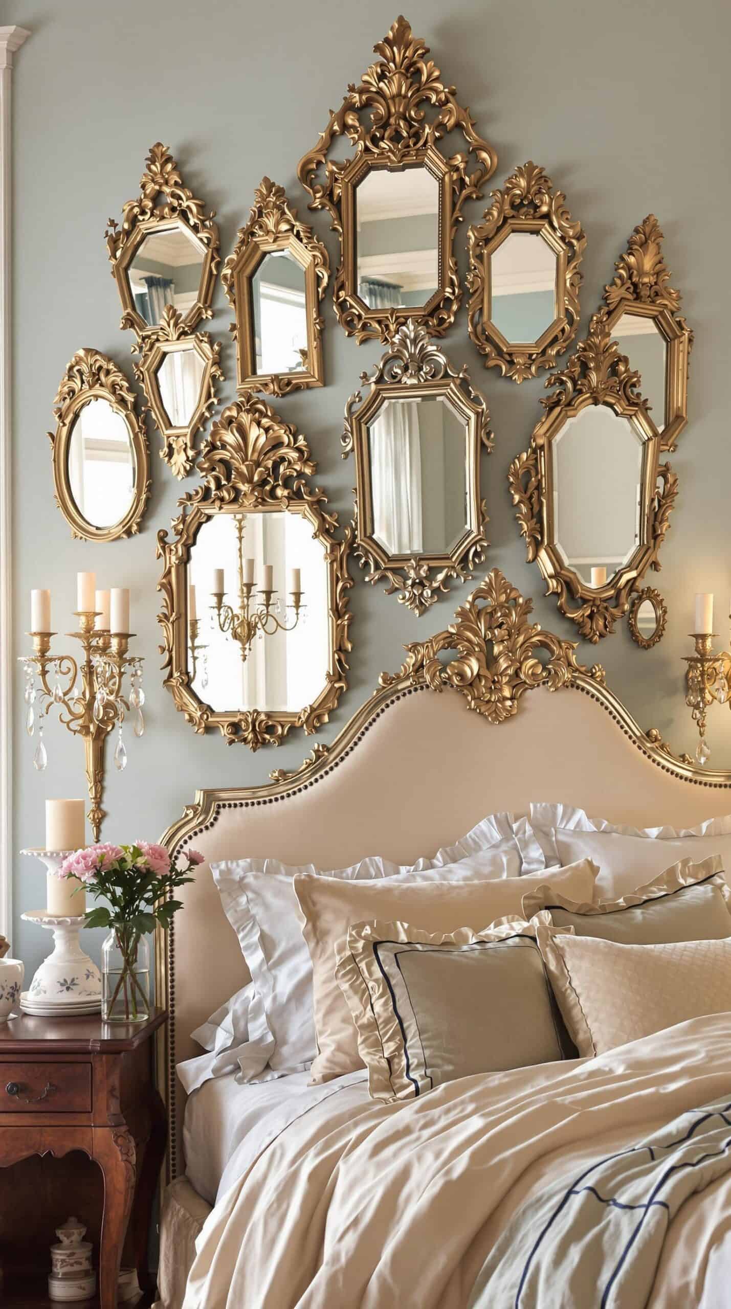 a bed with a bunch of mirrors on the wall above it