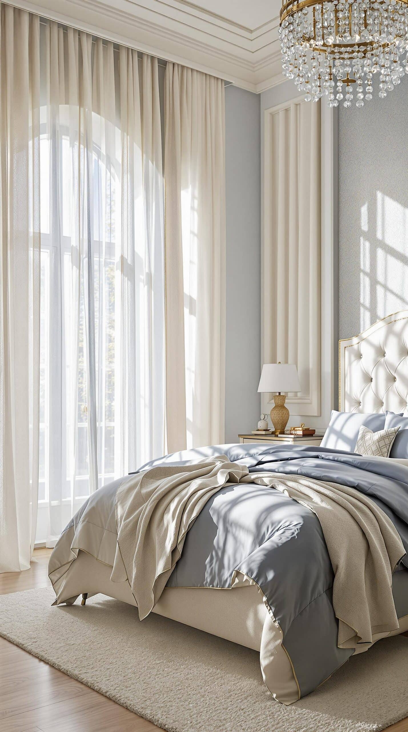 a bedroom with a chandelier and a bed